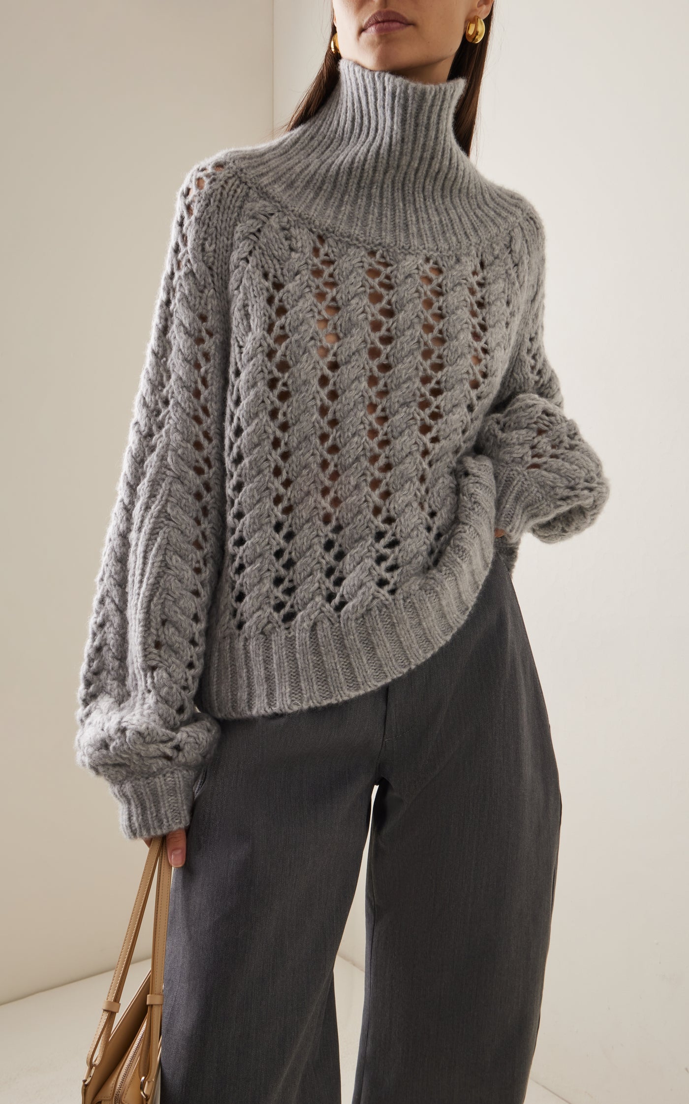 Open Knit Cashmere Turtleneck Sweater