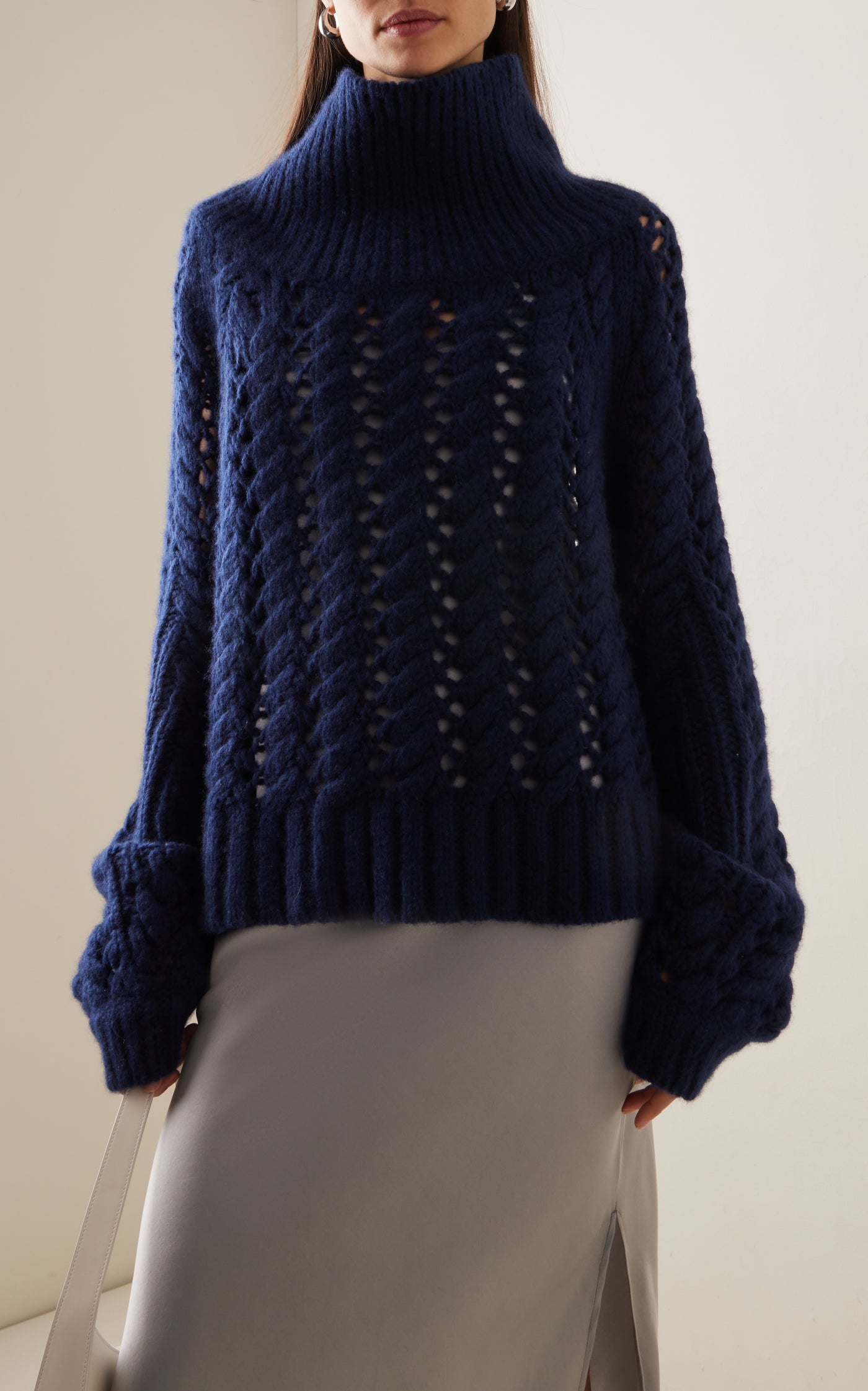 Open Knit Cashmere Turtleneck Sweater