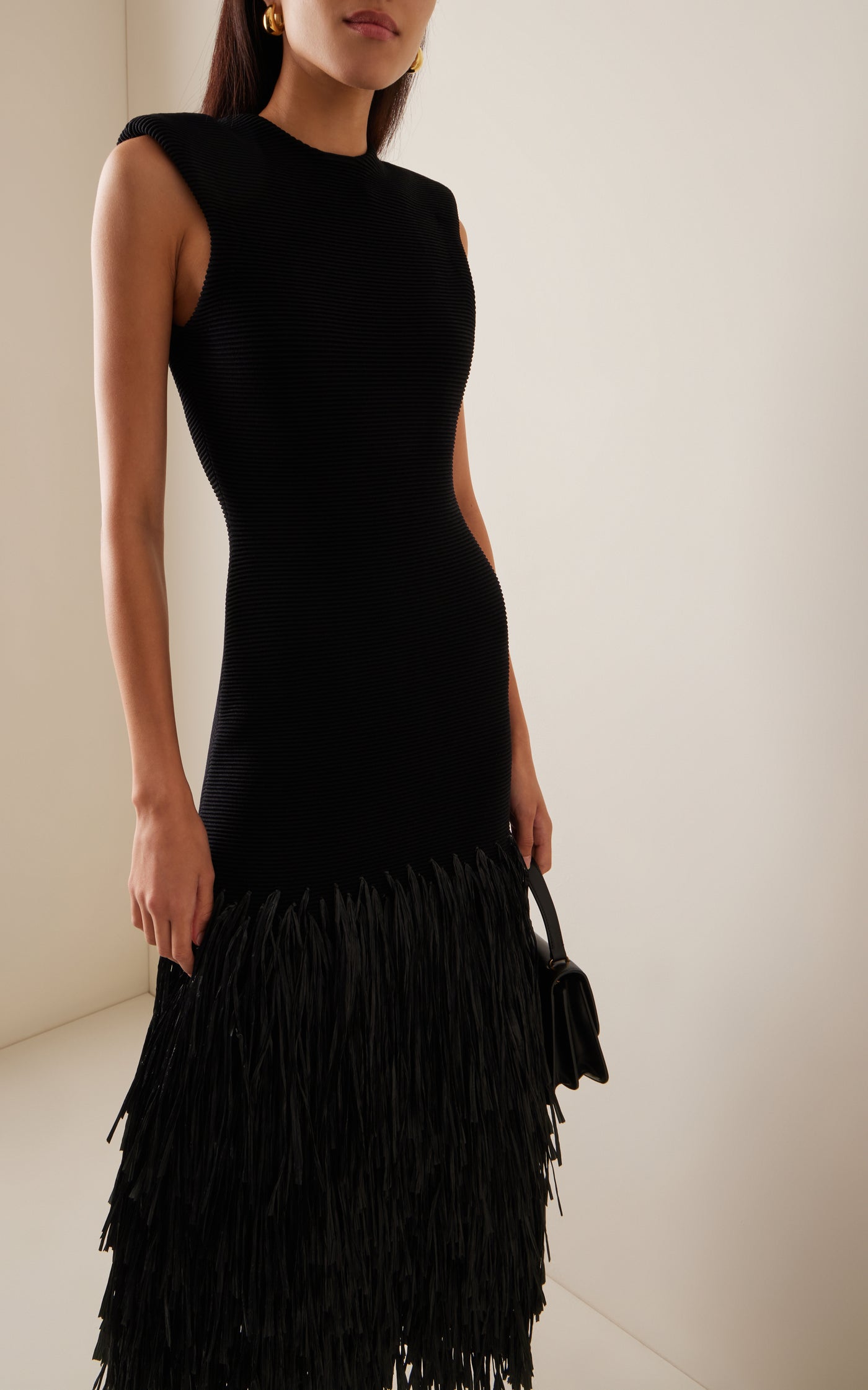 Exclusive Rushes Raffia-Trimmed Knit Midi Dress