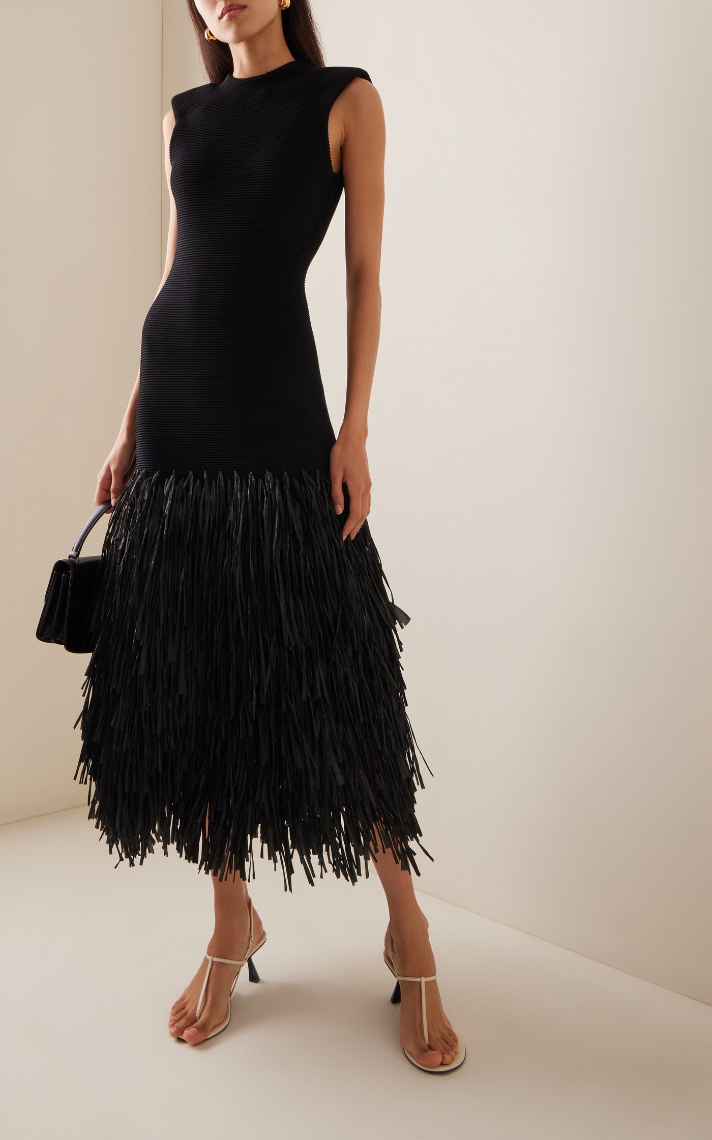 Exclusive Rushes Raffia-Trimmed Knit Midi Dress