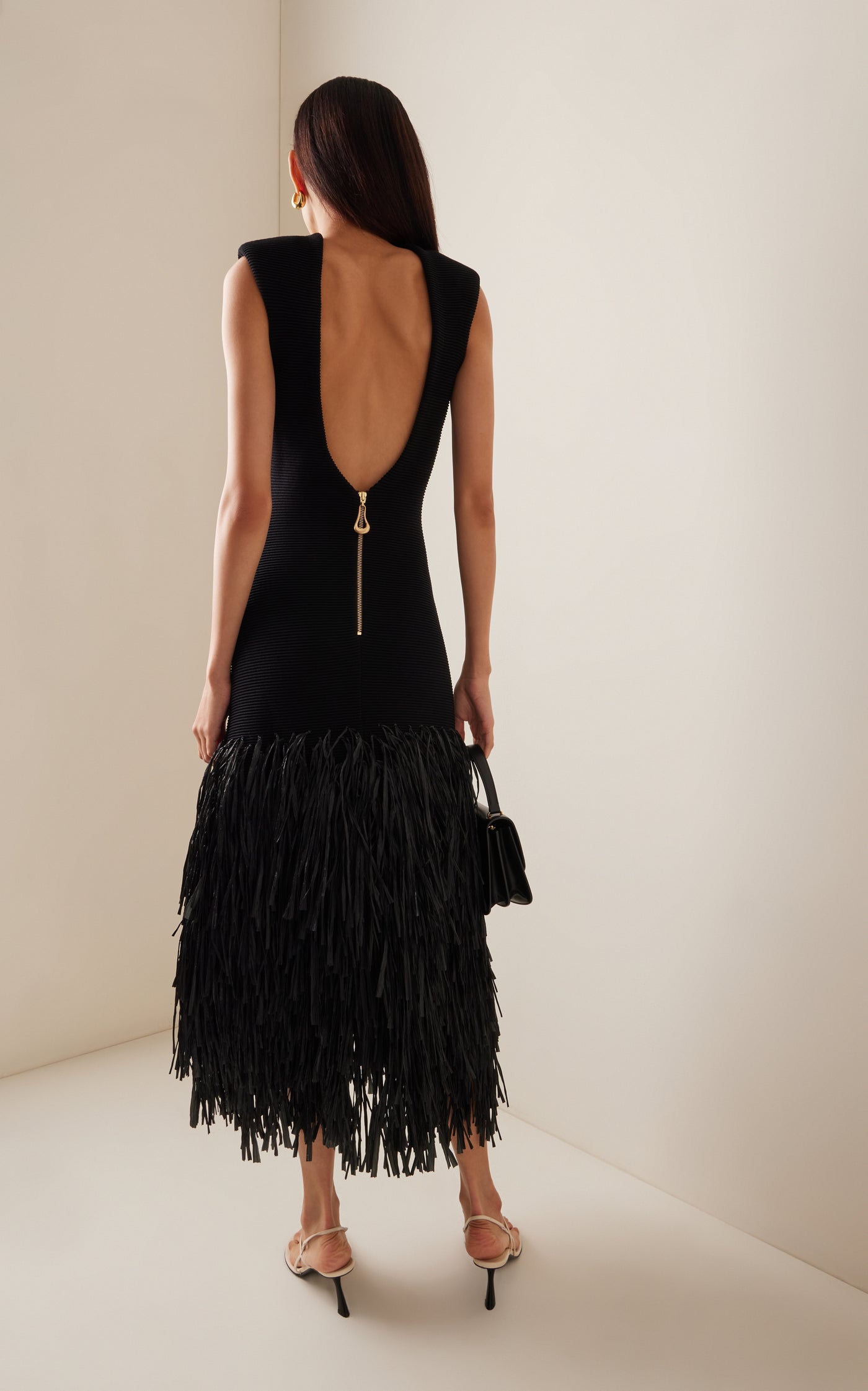 Exclusive Rushes Raffia-Trimmed Knit Midi Dress