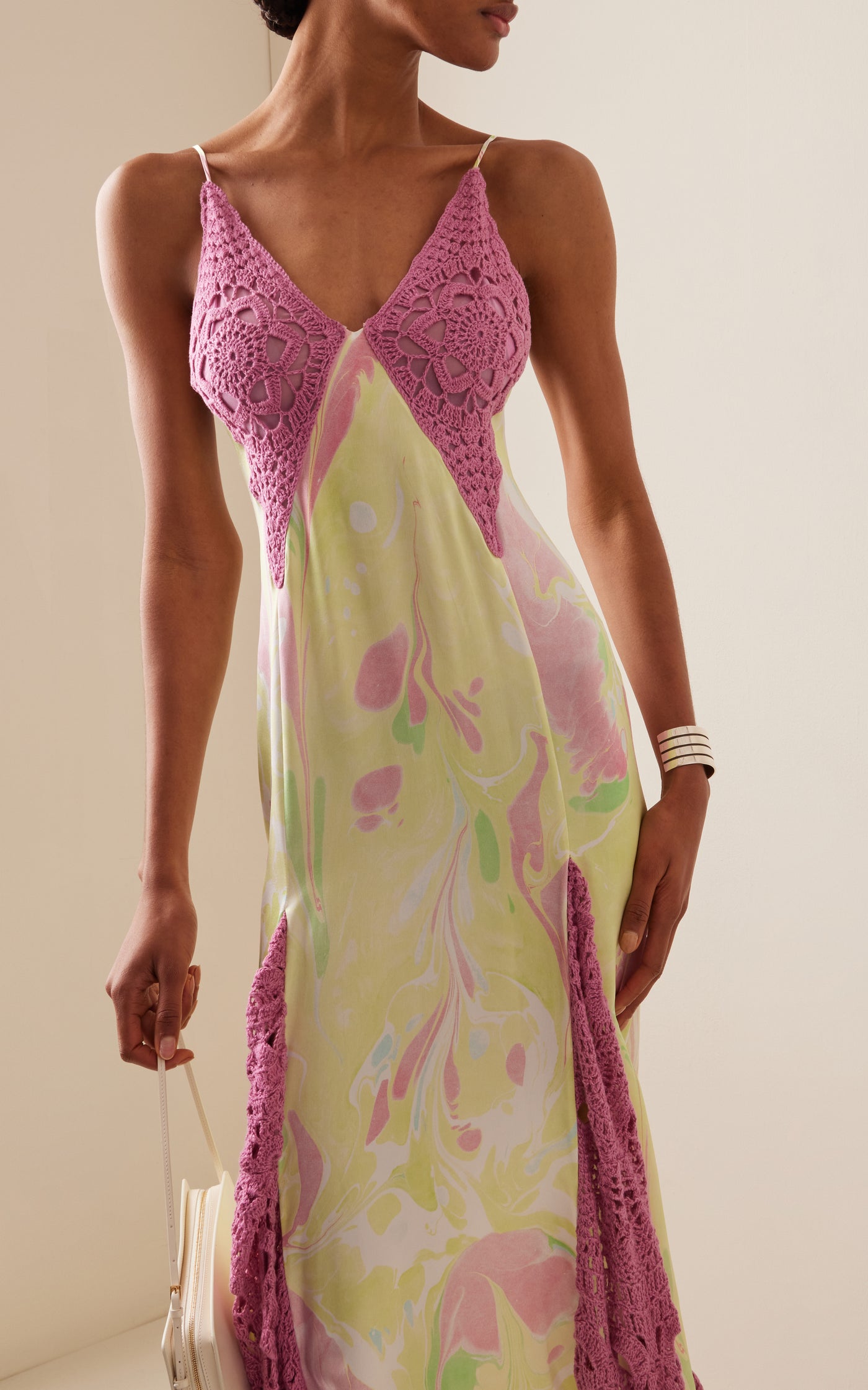 Crochet-Detailed Silk Midi Gown