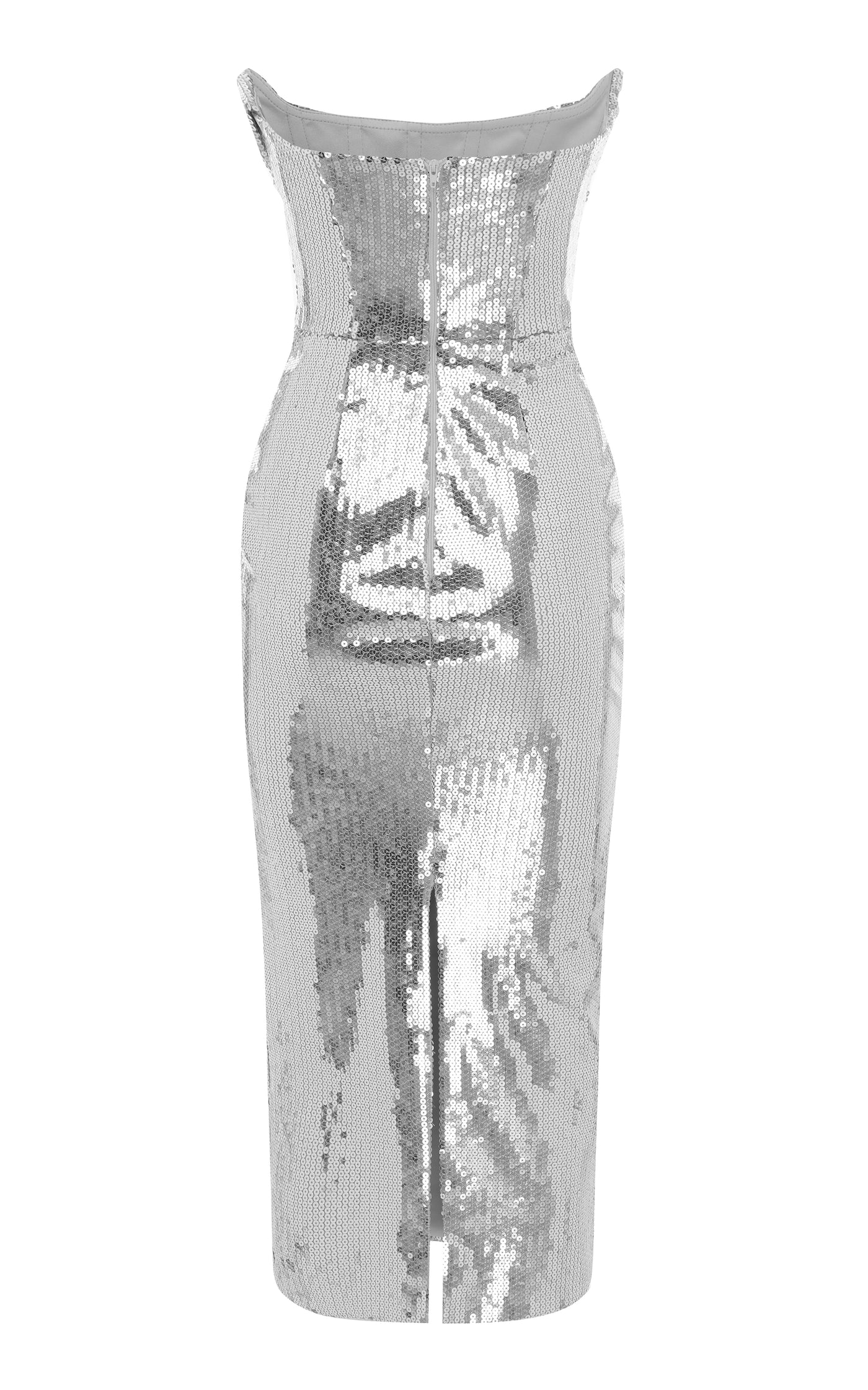 Draped Strapless Sequined Midi Dress