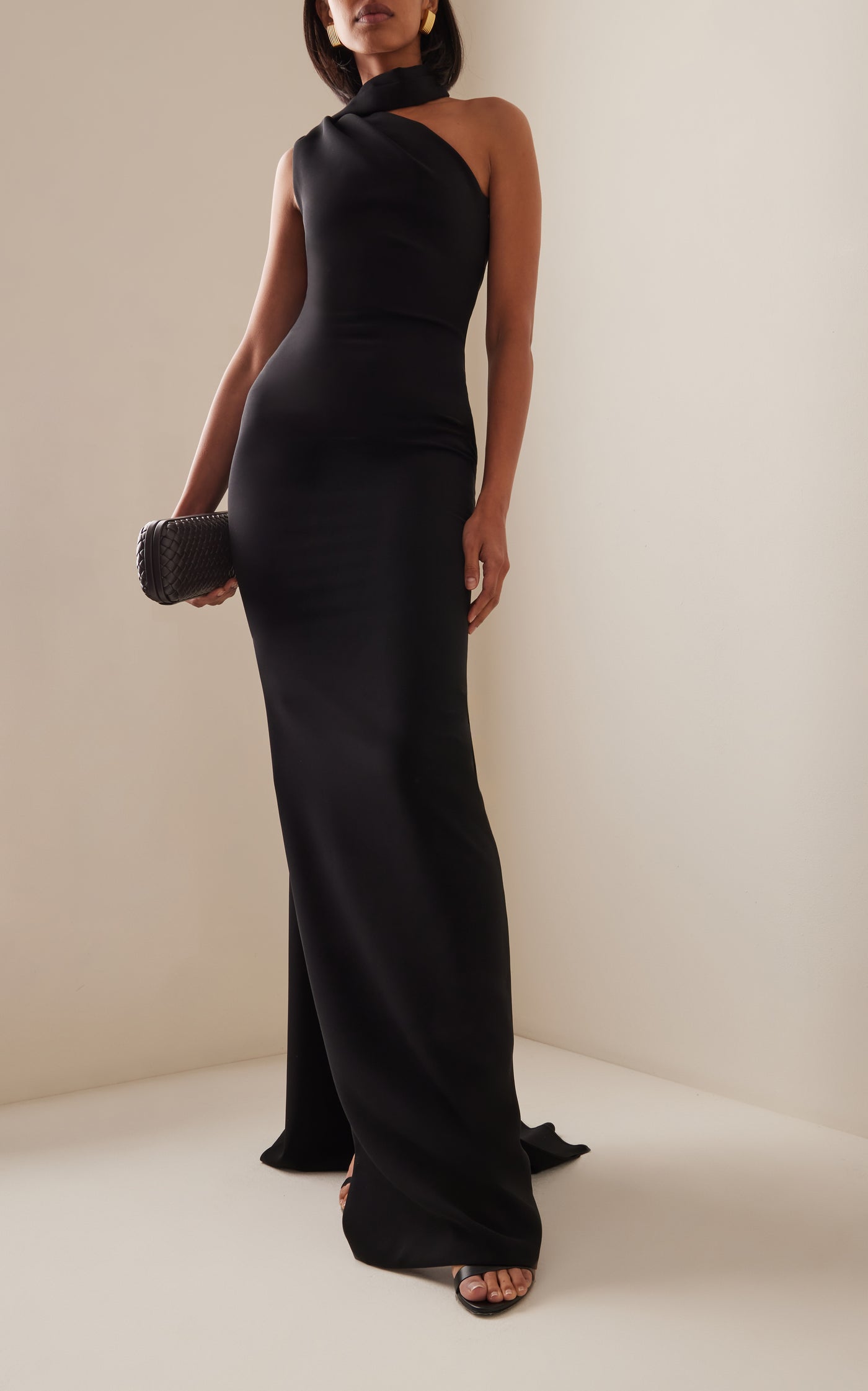 Exclusive Cape-Sleeve Crepe One-Shoulder Gown
