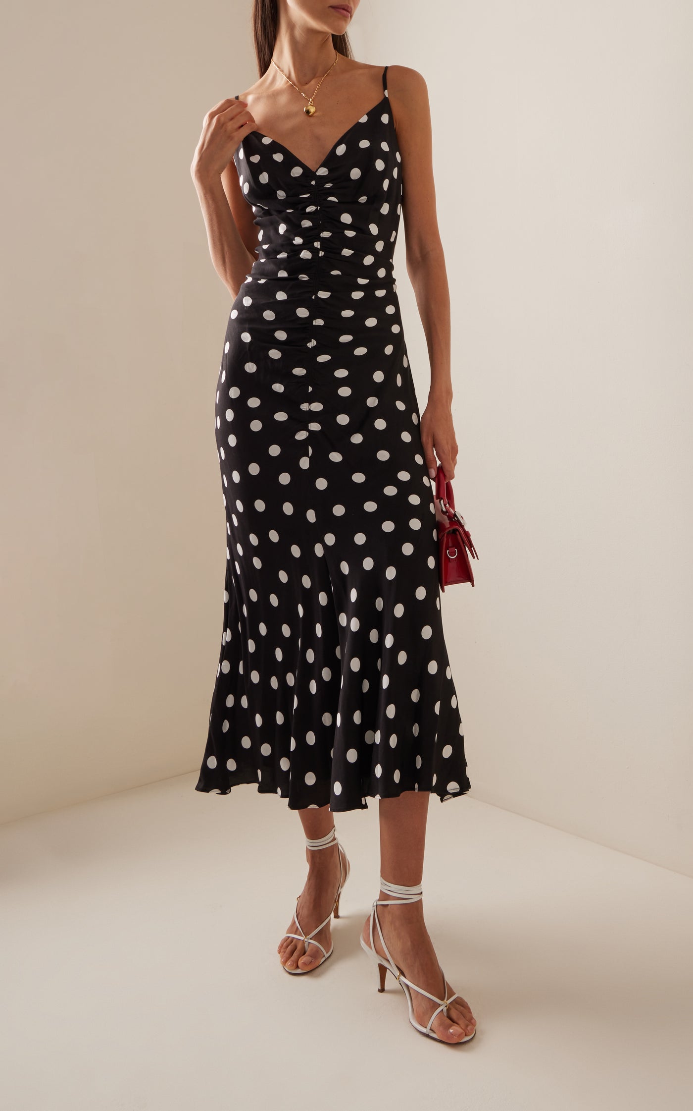 Ruched Polka-Dot Midi Dress