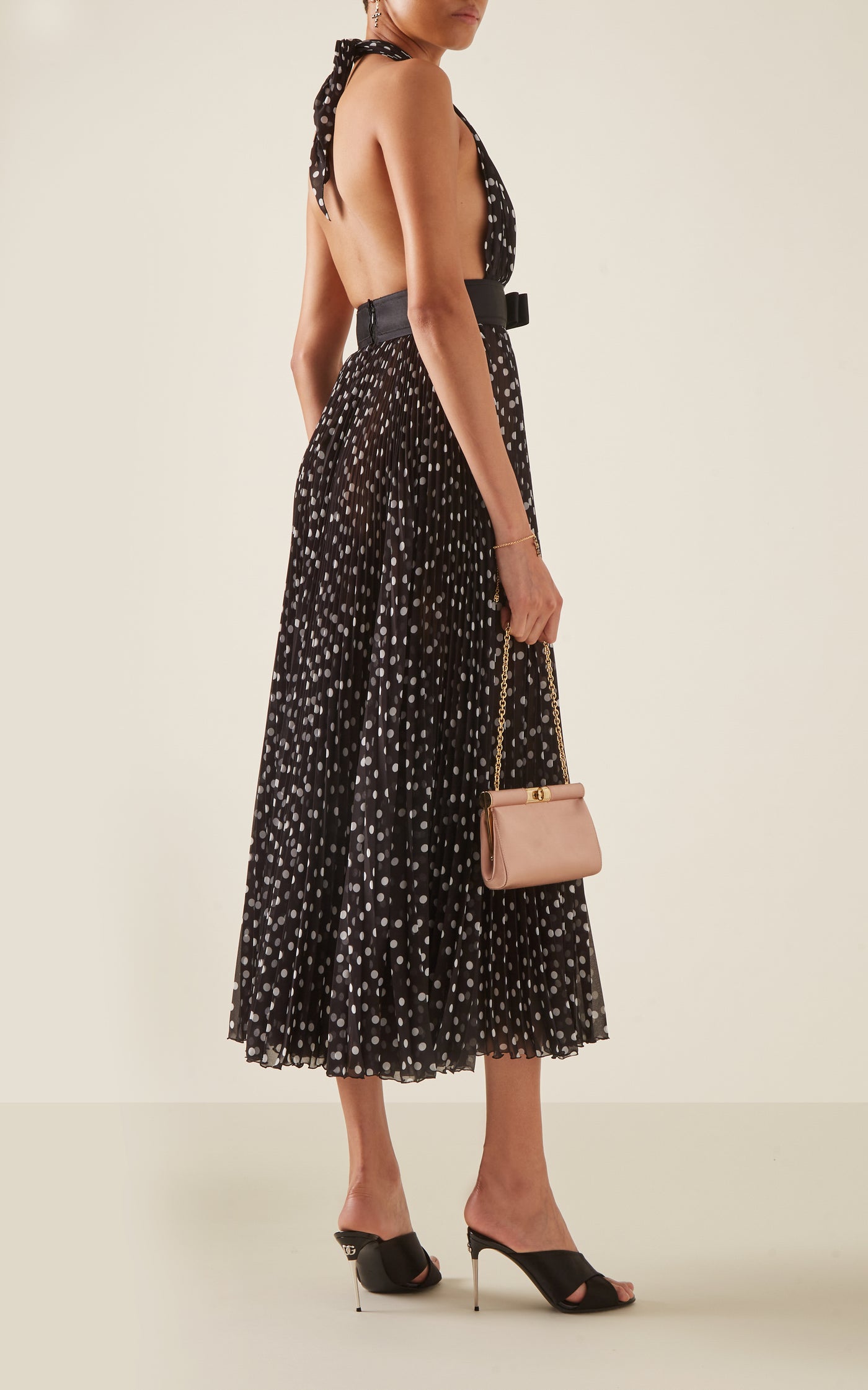 Polka-Dot Plisse Midi Halter Dress