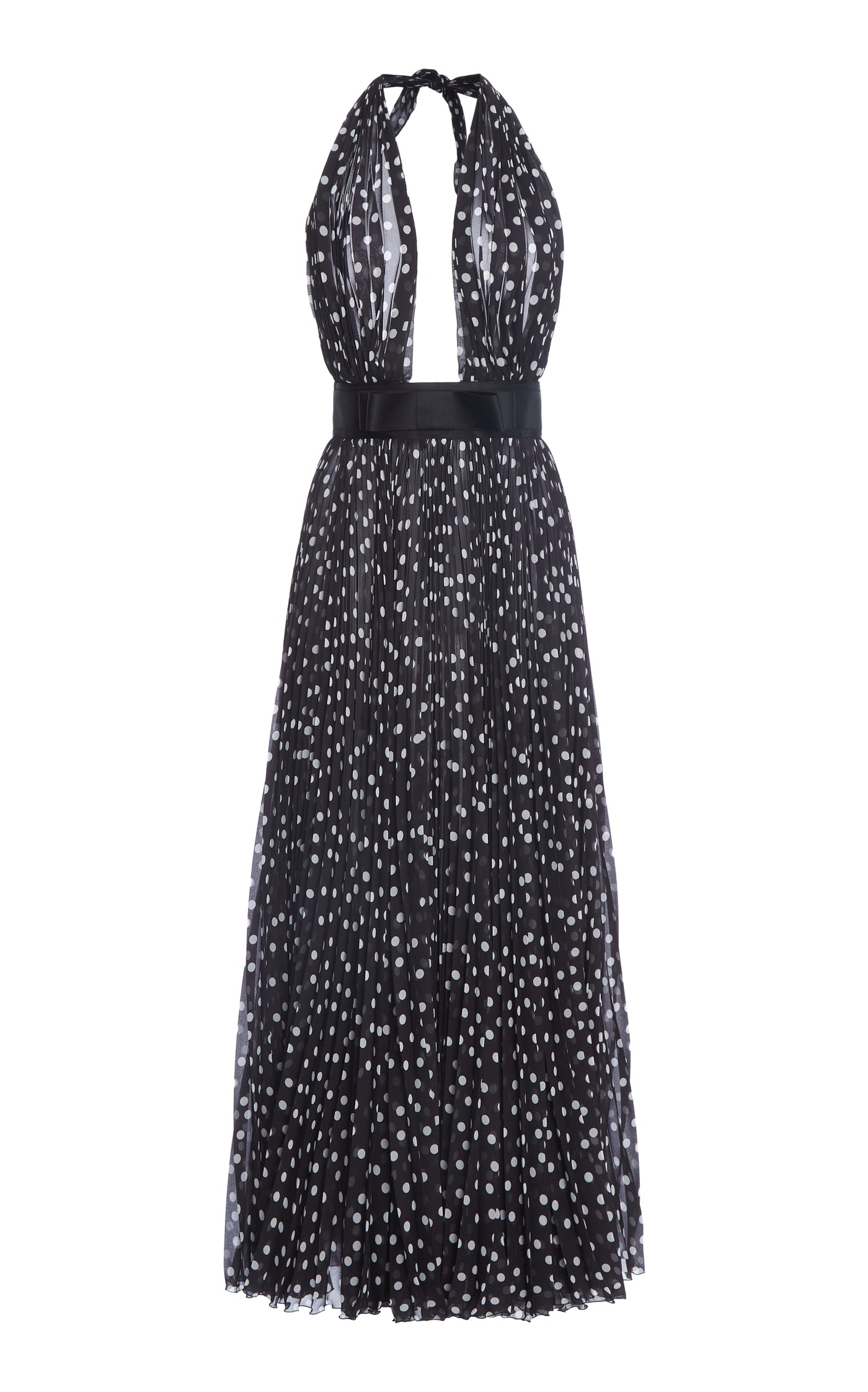 Polka-Dot Plisse Midi Halter Dress