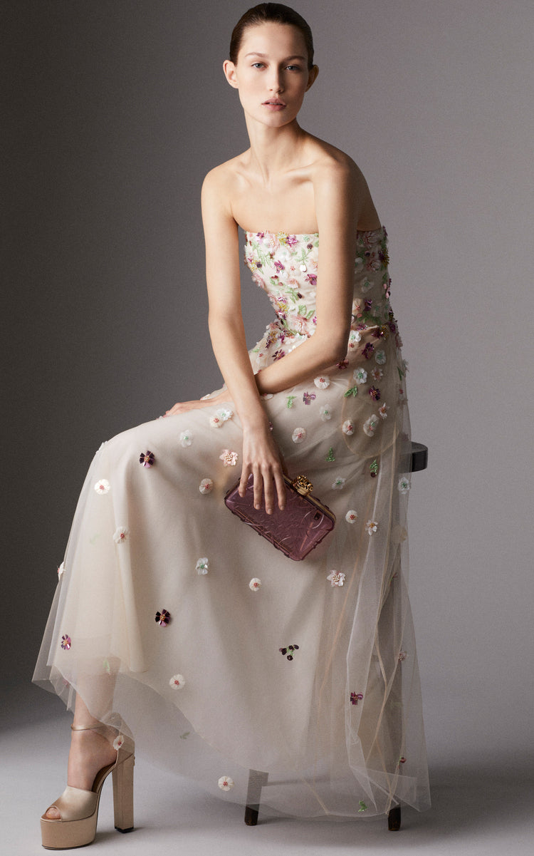 Floral-Embroidered Tulle Strapless Midi Dress