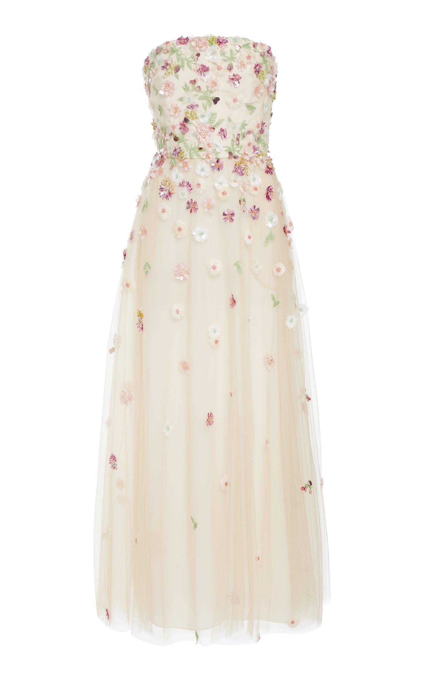 Floral-Embroidered Tulle Strapless Midi Dress