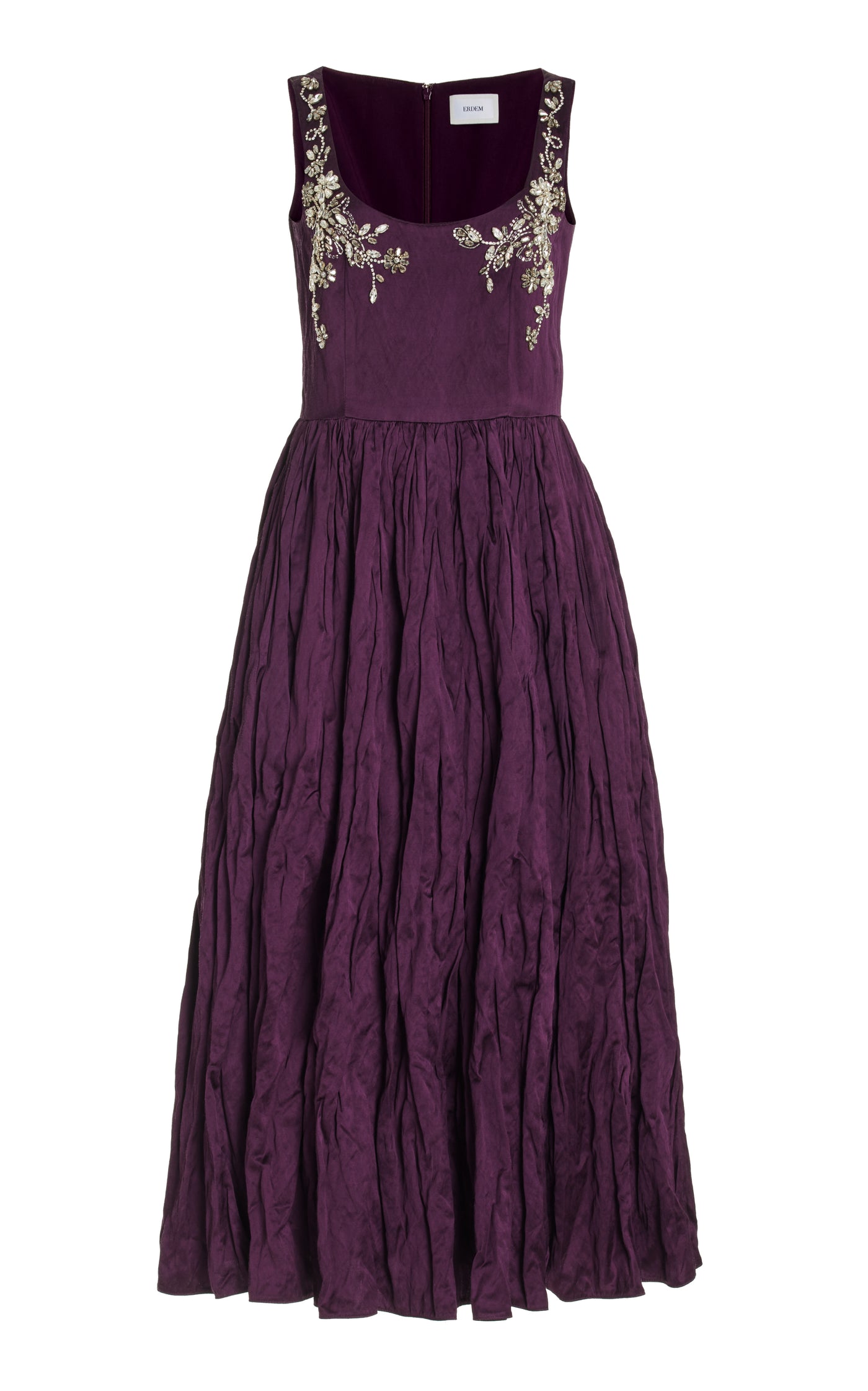 Beaded Crinkled-Satin Midi Dress