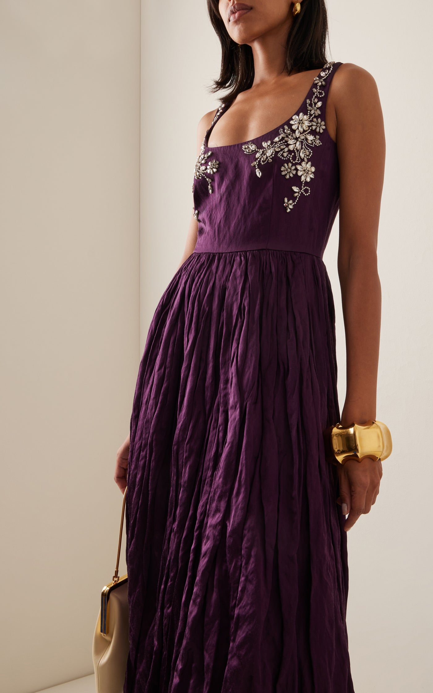 Beaded Crinkled-Satin Midi Dress