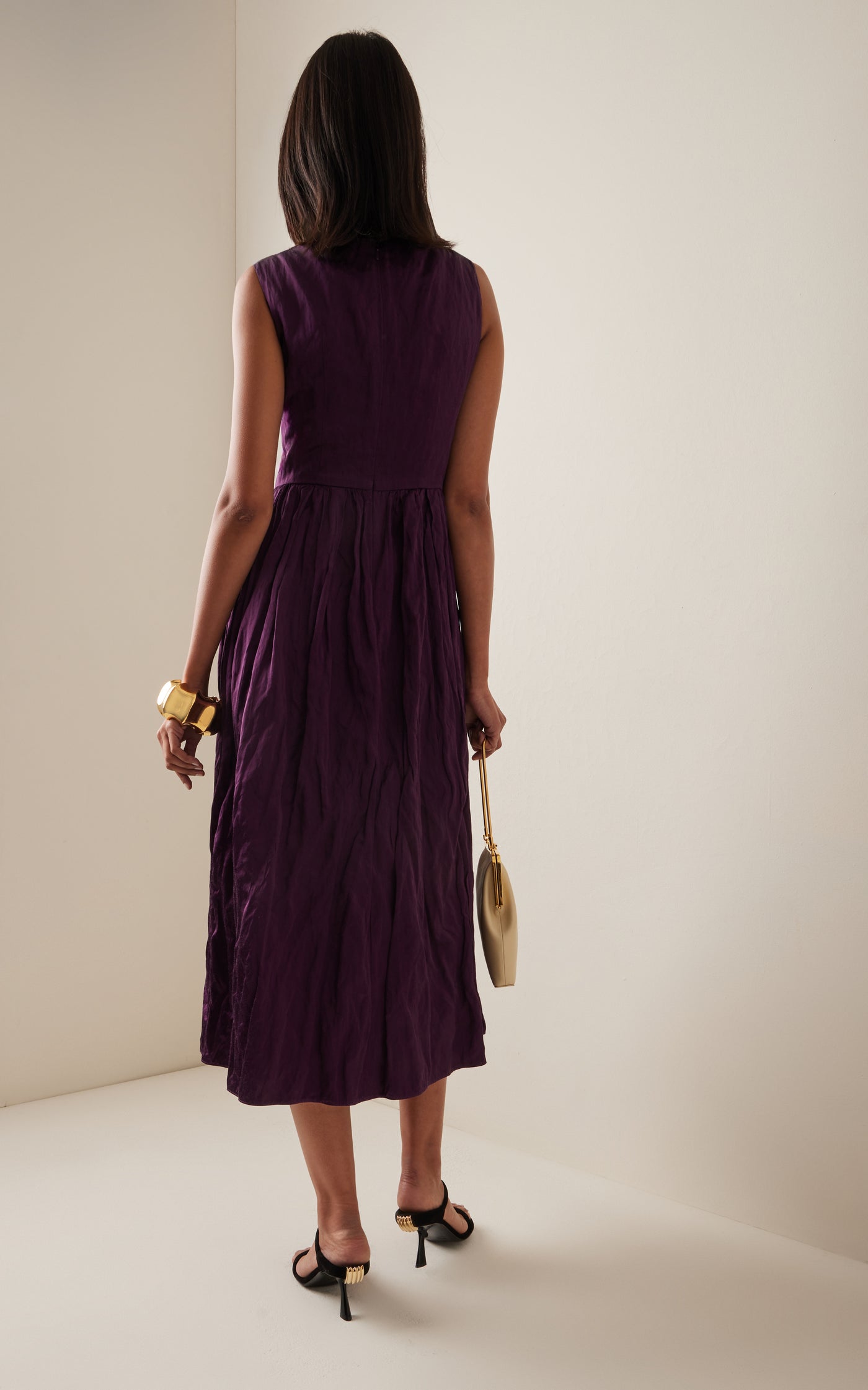 Beaded Crinkled-Satin Midi Dress