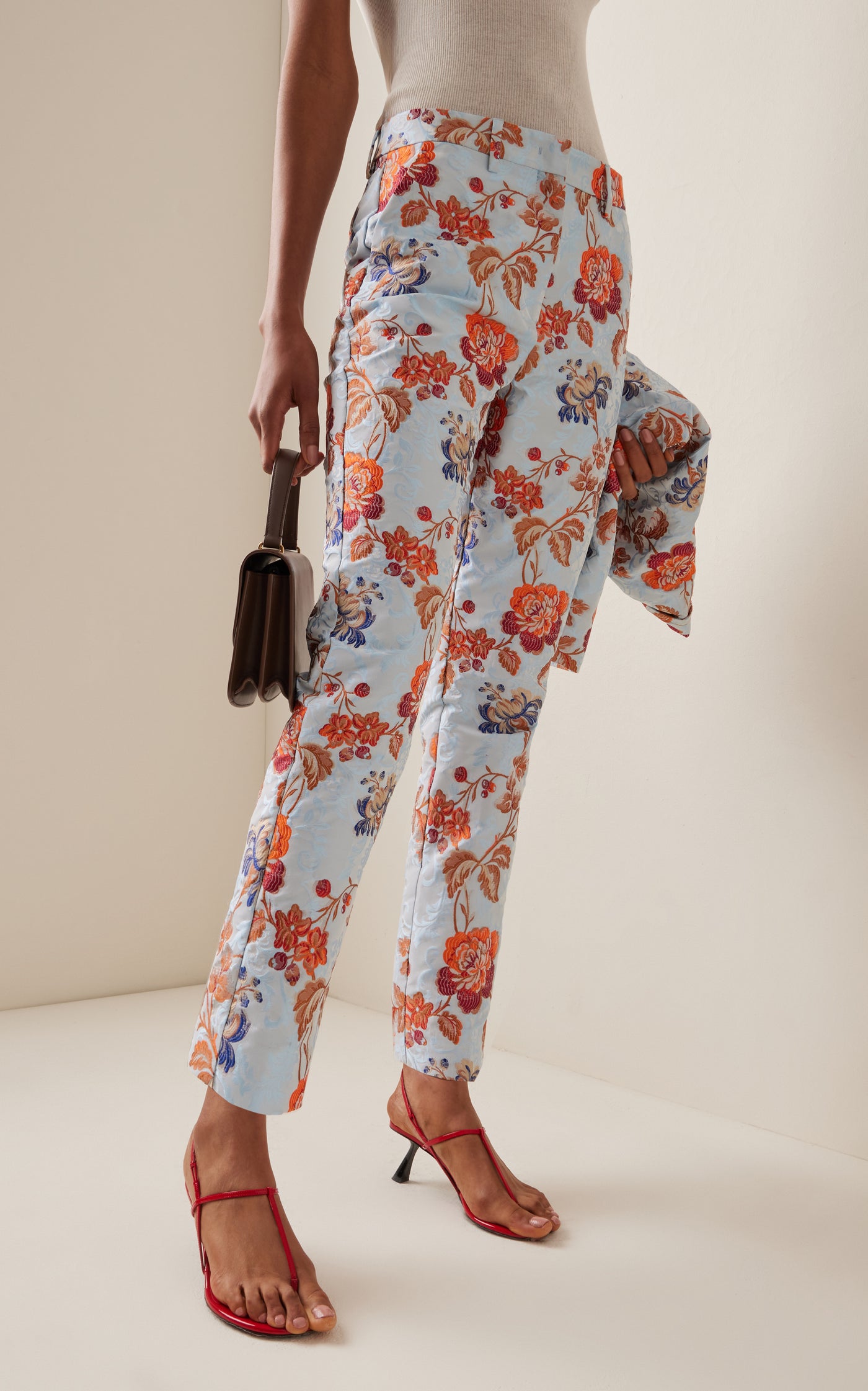 Floral-Jacquard High-Rise Slim-Leg Cropped Trousers