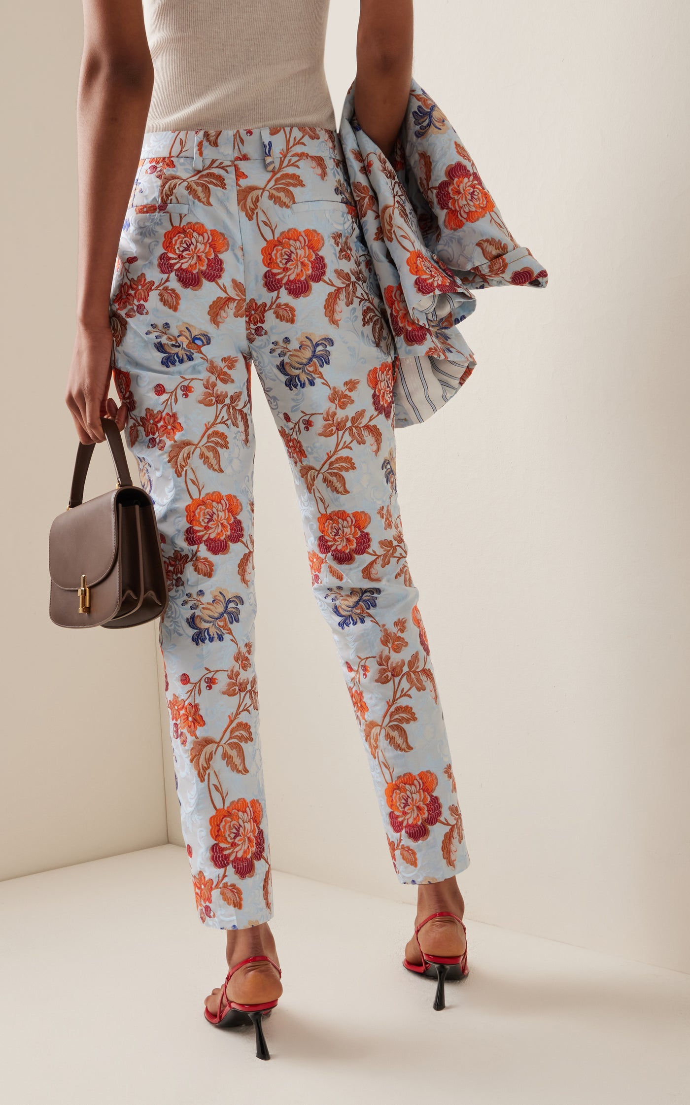 Floral-Jacquard High-Rise Slim-Leg Cropped Trousers