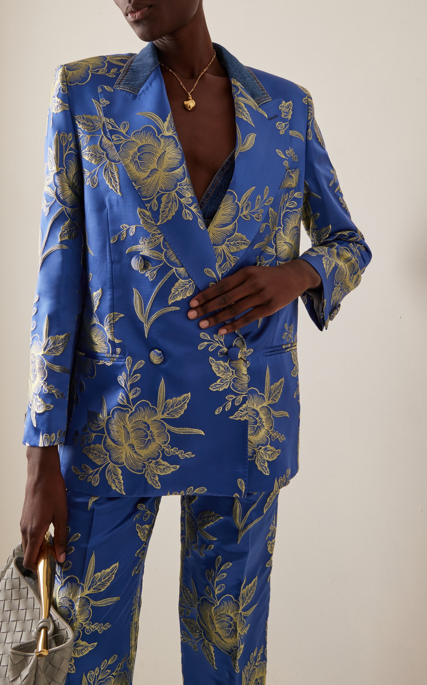 Denim-Trimmed Floral-Satin Blazer
