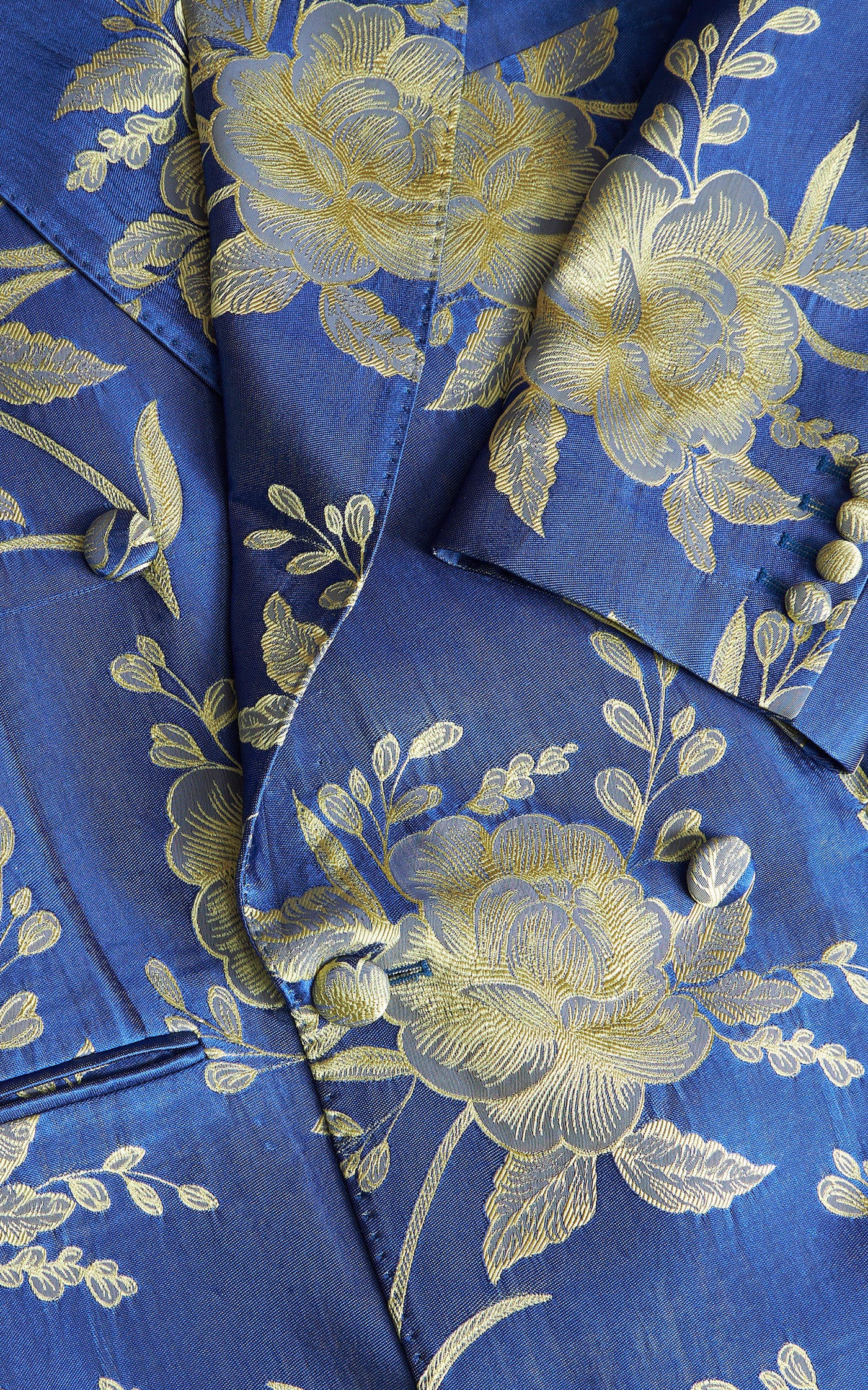 Denim-Trimmed Floral-Satin Blazer