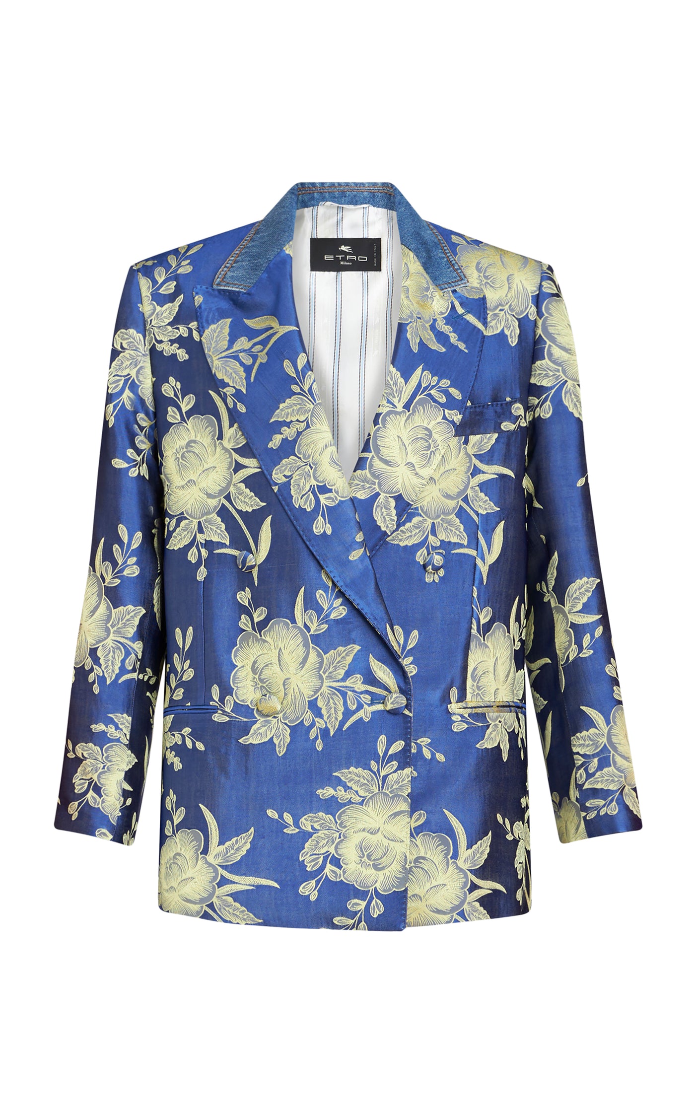 Denim-Trimmed Floral-Satin Blazer