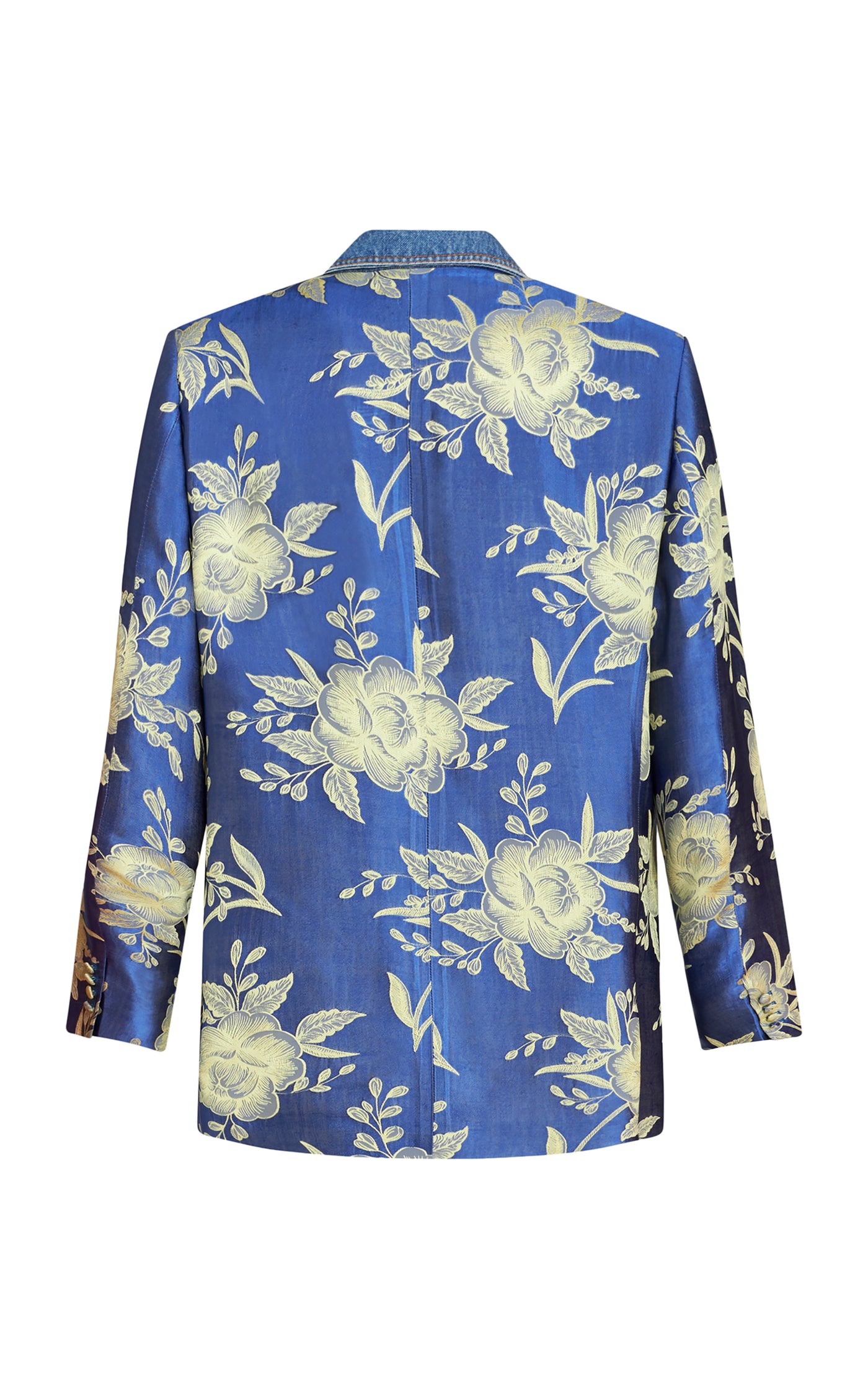 Denim-Trimmed Floral-Satin Blazer