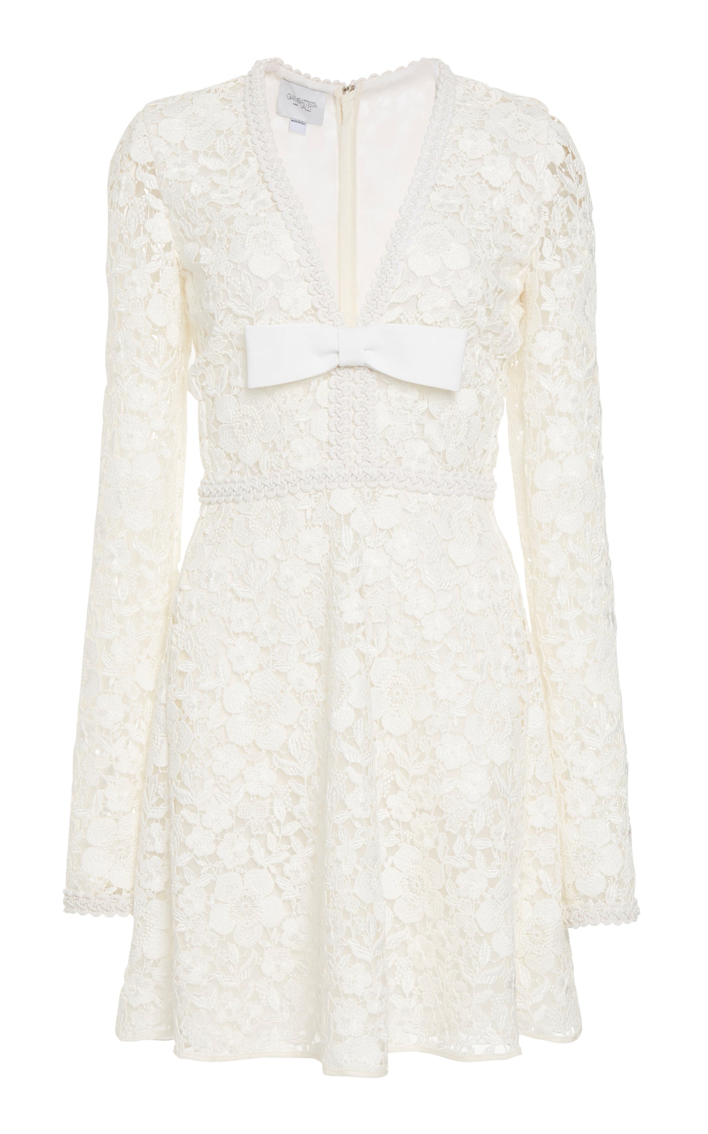 Bow-Detailed Macrame Cotton Lace Mini Dress