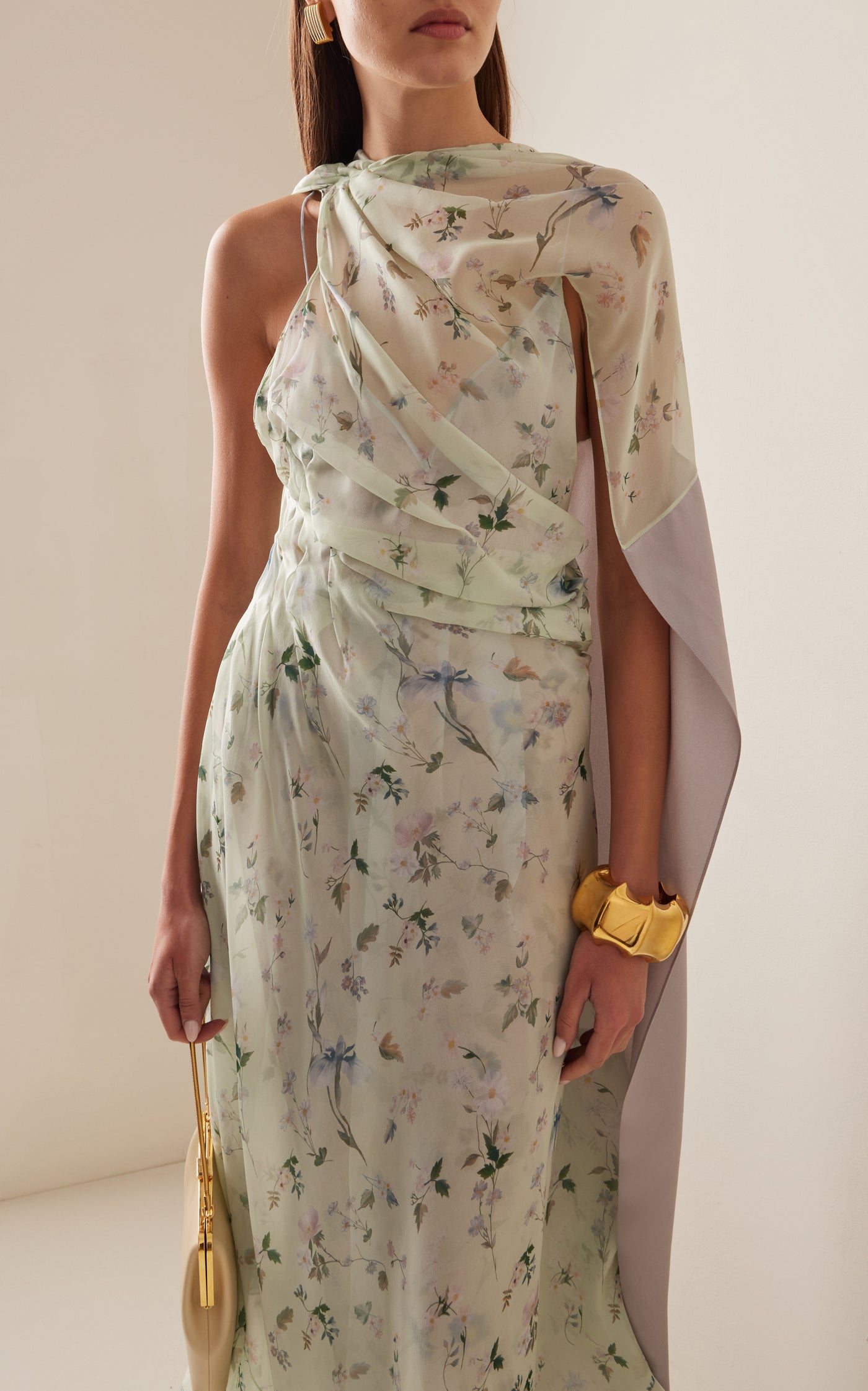Draped Floral Silk Maxi Dress