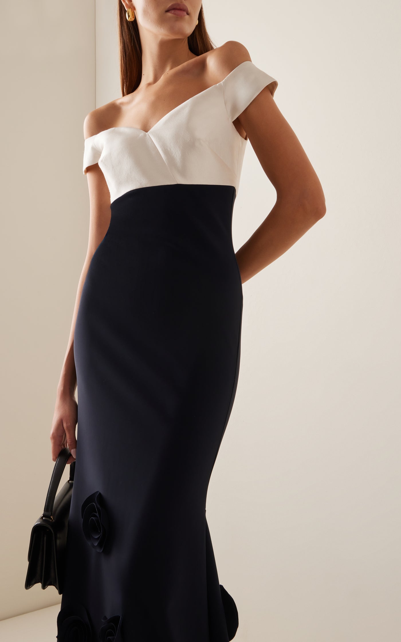 Goro Satin-Trimmed Rosette-Embellished Crepe Off-The-Shoulder Gown