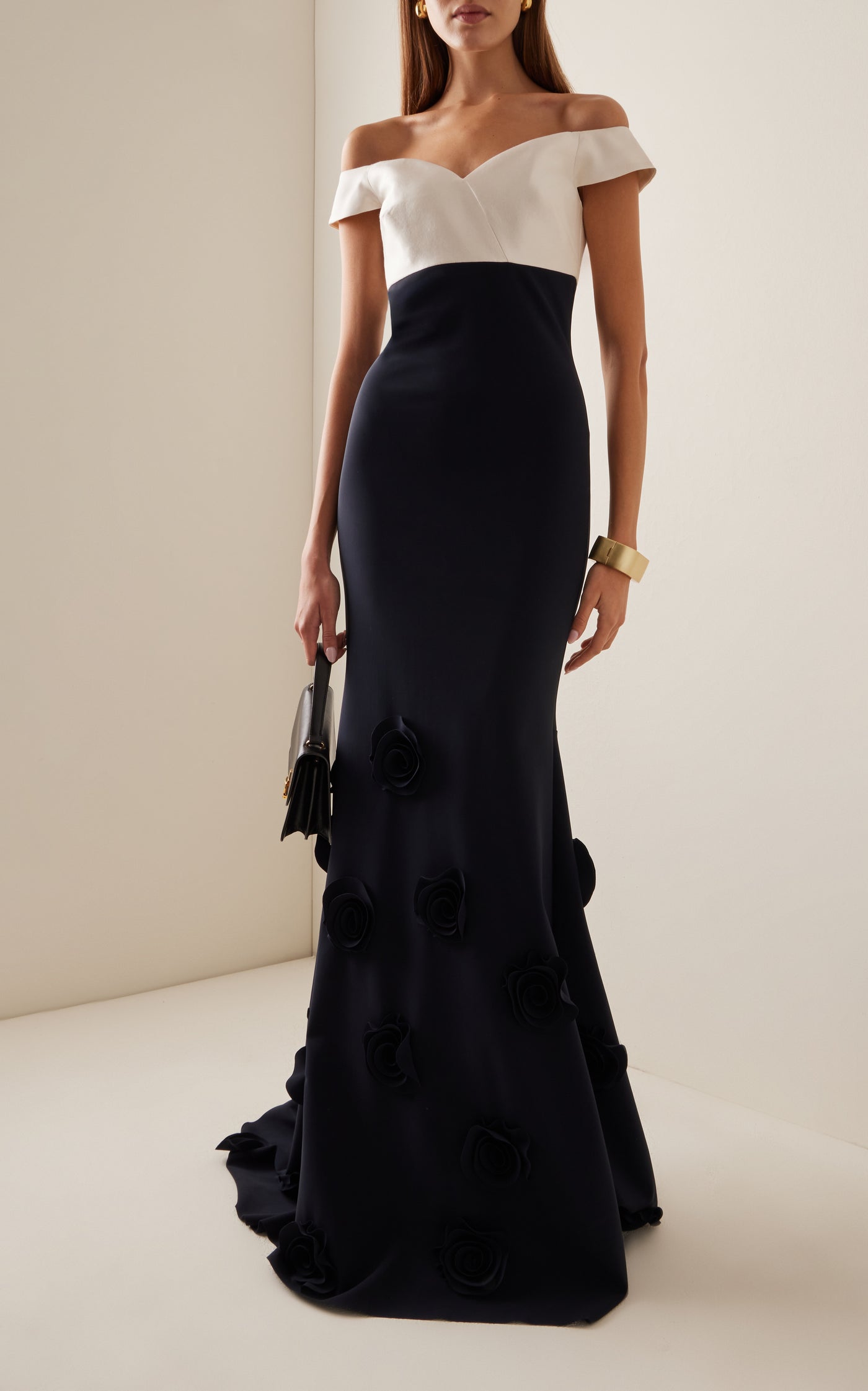 Goro Satin-Trimmed Rosette-Embellished Crepe Off-The-Shoulder Gown