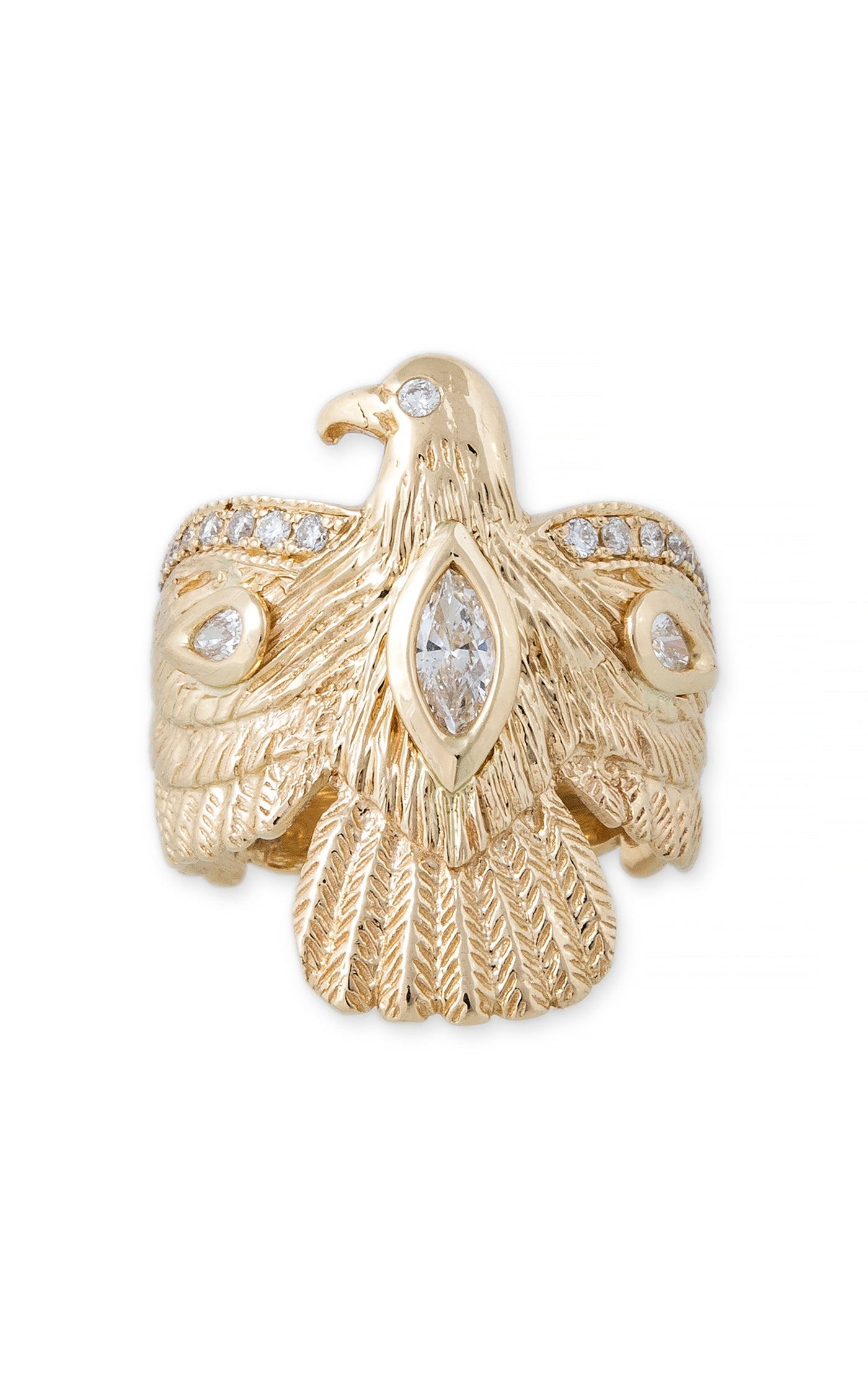 14k Gold  Pave Thunderbird Ring with Marquise Diamond Center