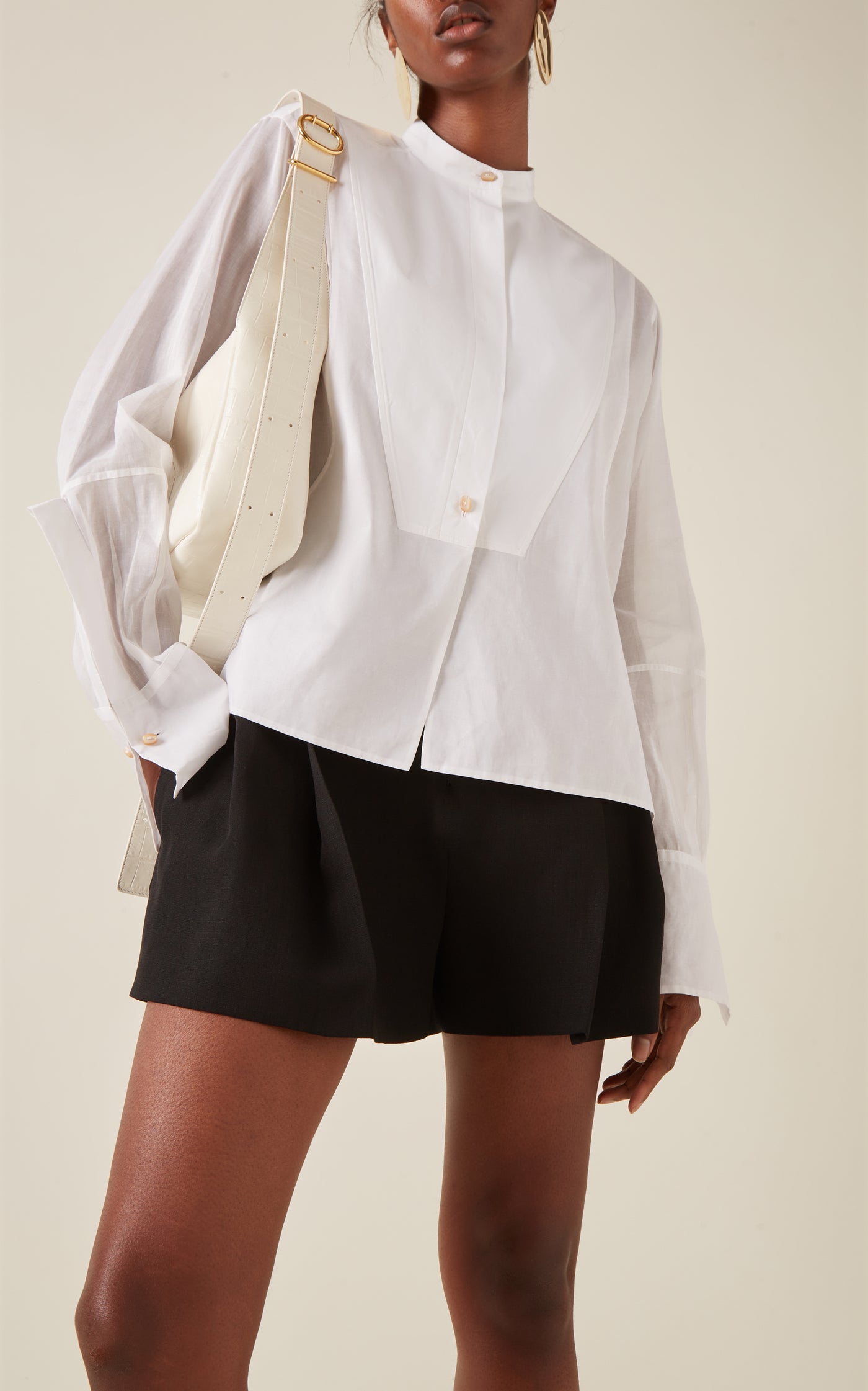 Collarless Cotton Button-Down Shirt