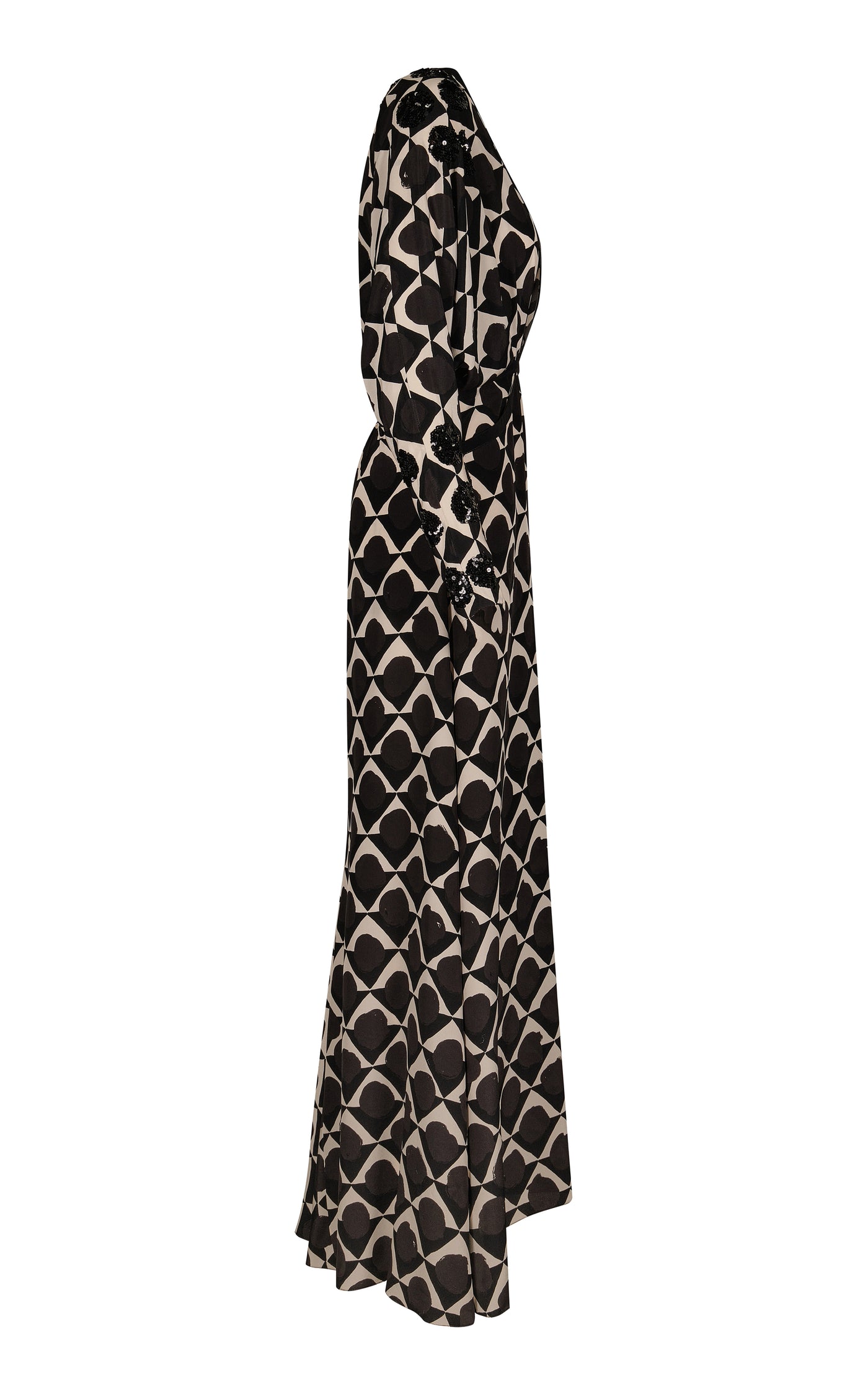 Abstract Ornamentation Plunged Silk Maxi Dress