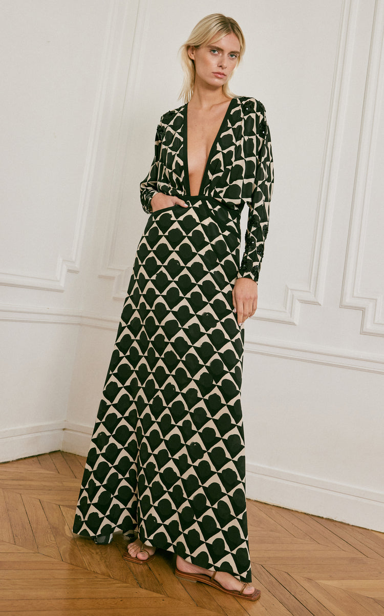 Abstract Ornamentation Plunged Silk Maxi Dress