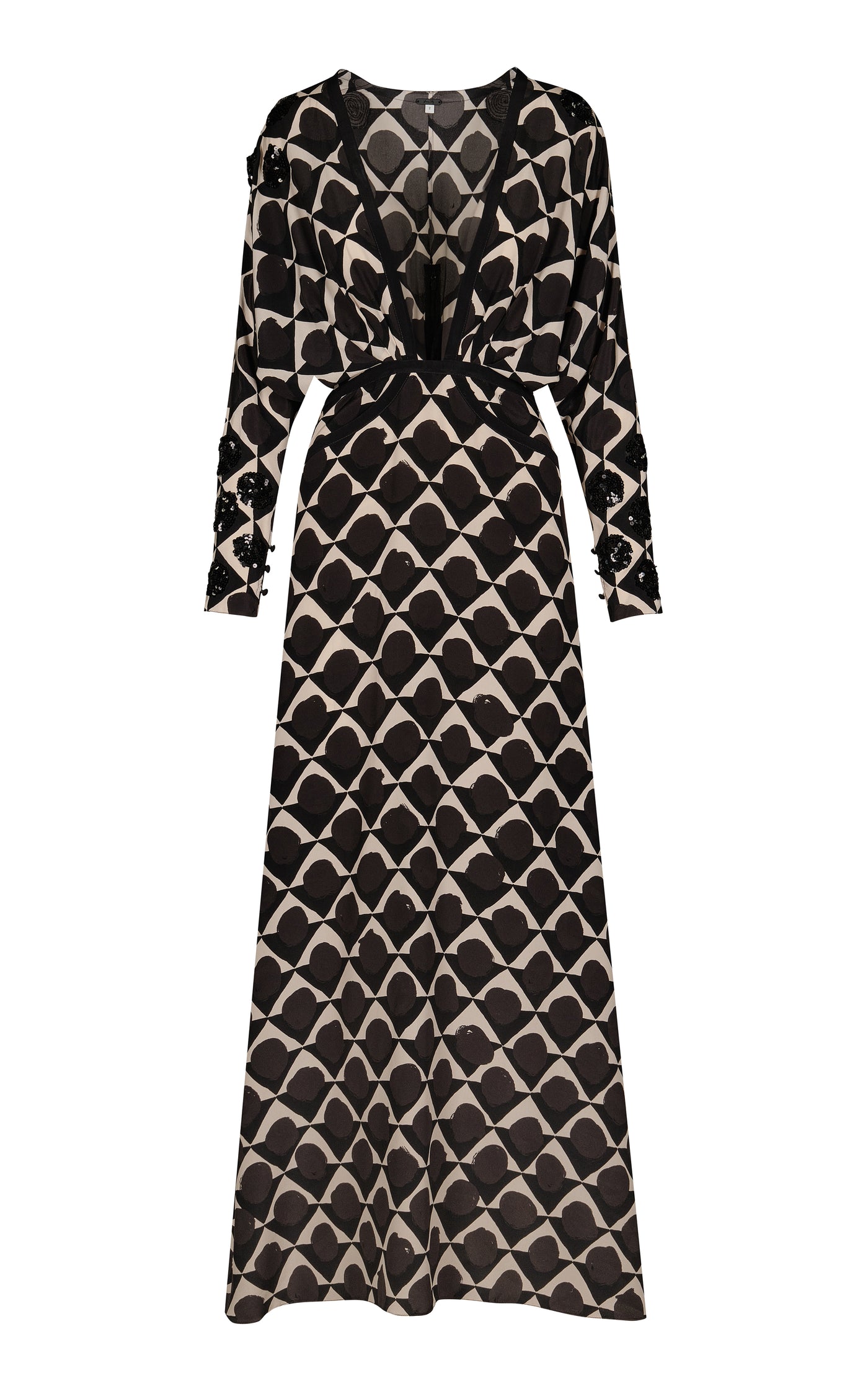 Abstract Ornamentation Plunged Silk Maxi Dress