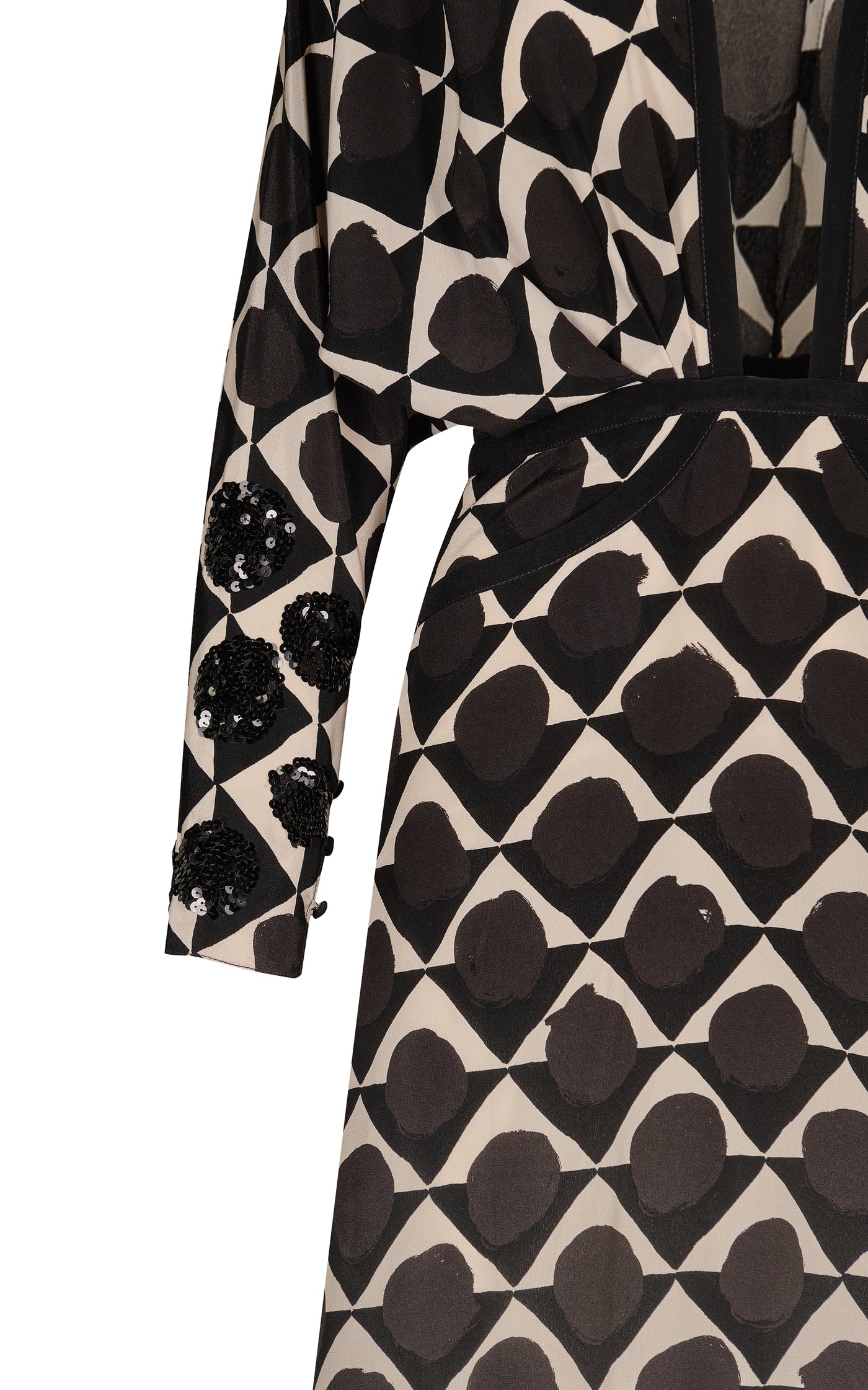 Abstract Ornamentation Plunged Silk Maxi Dress