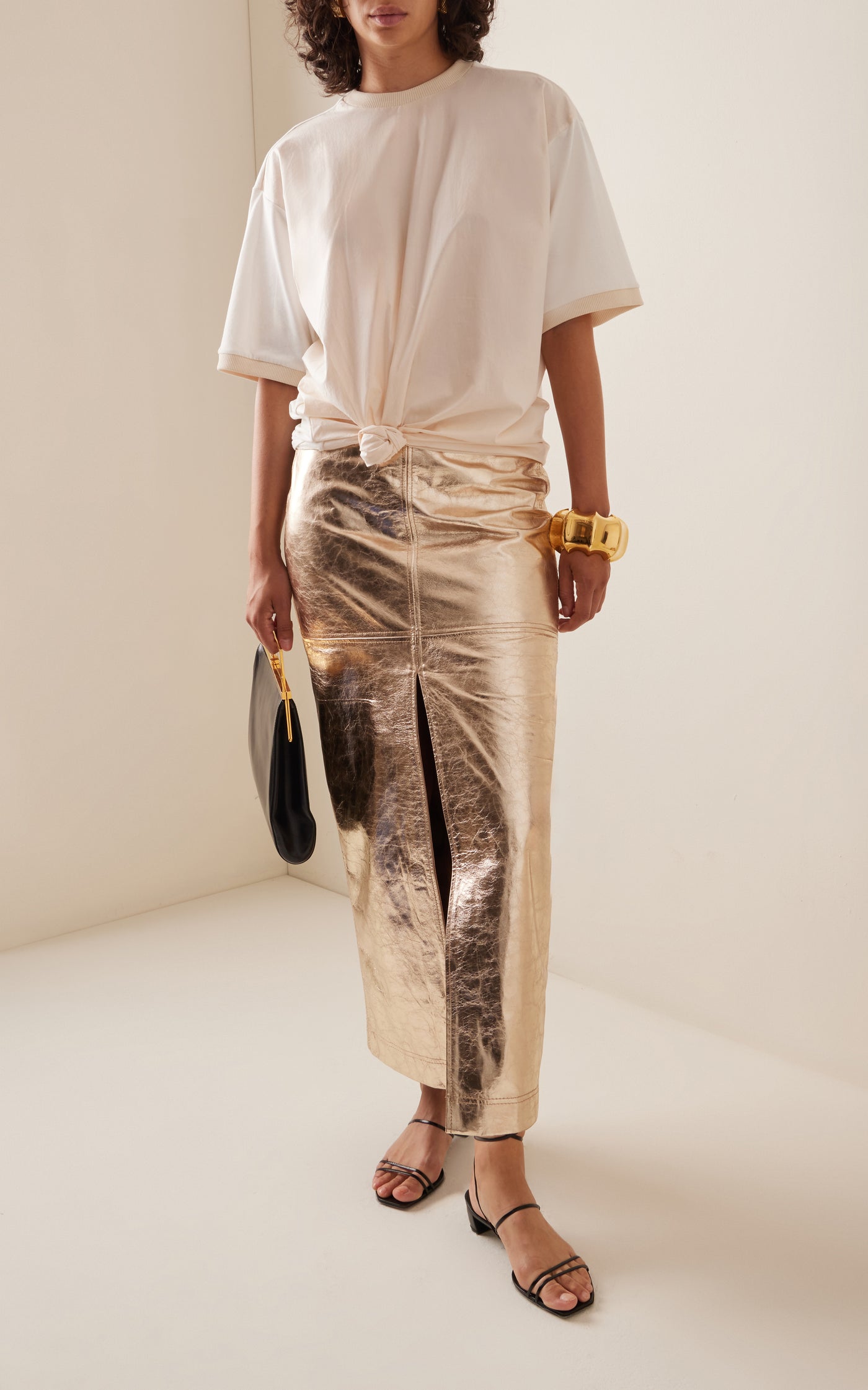 Ancient Stitching Metallic Leather Midi Skirt