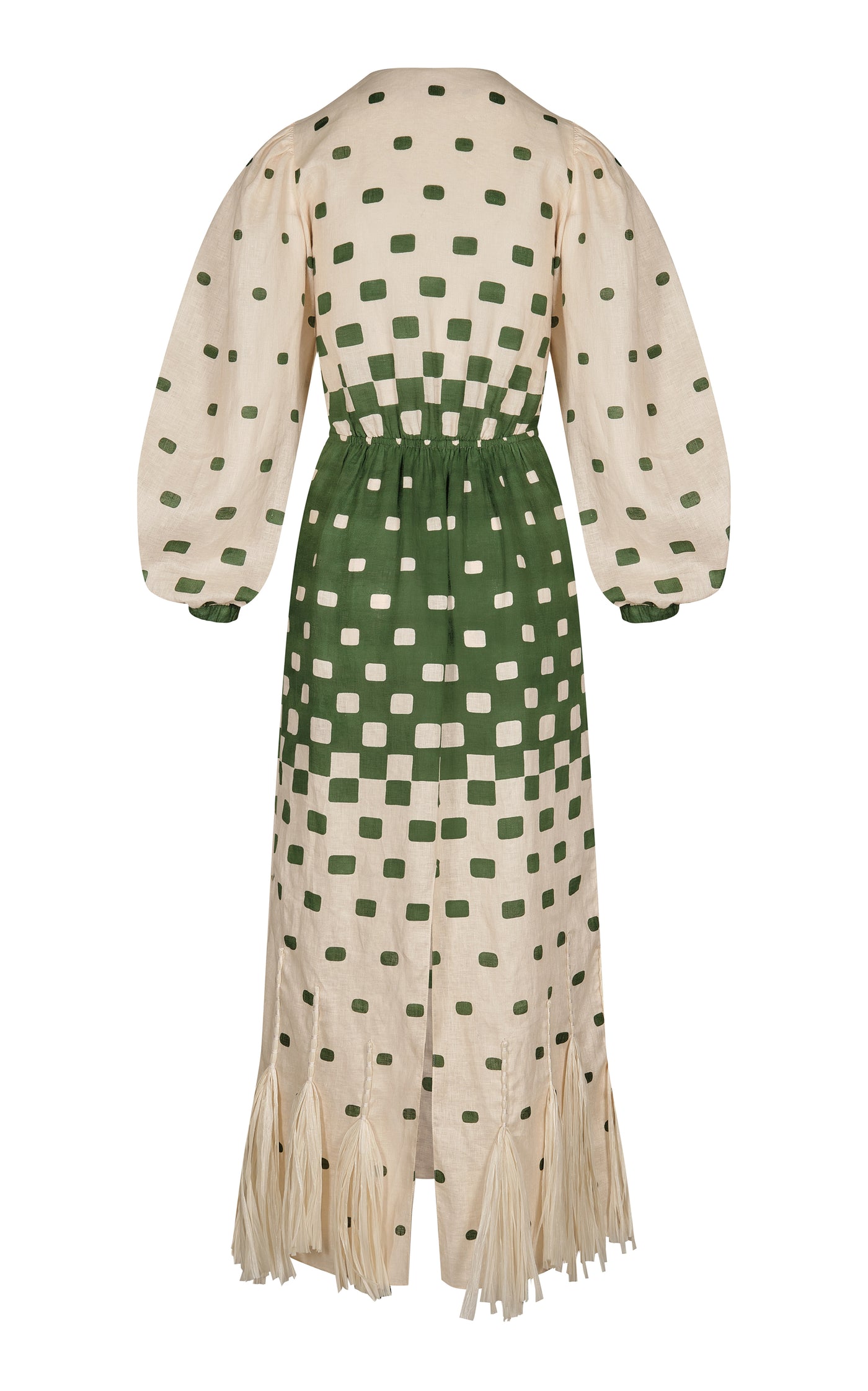 Pradera Geométrica Fringed Linen Midi Dress