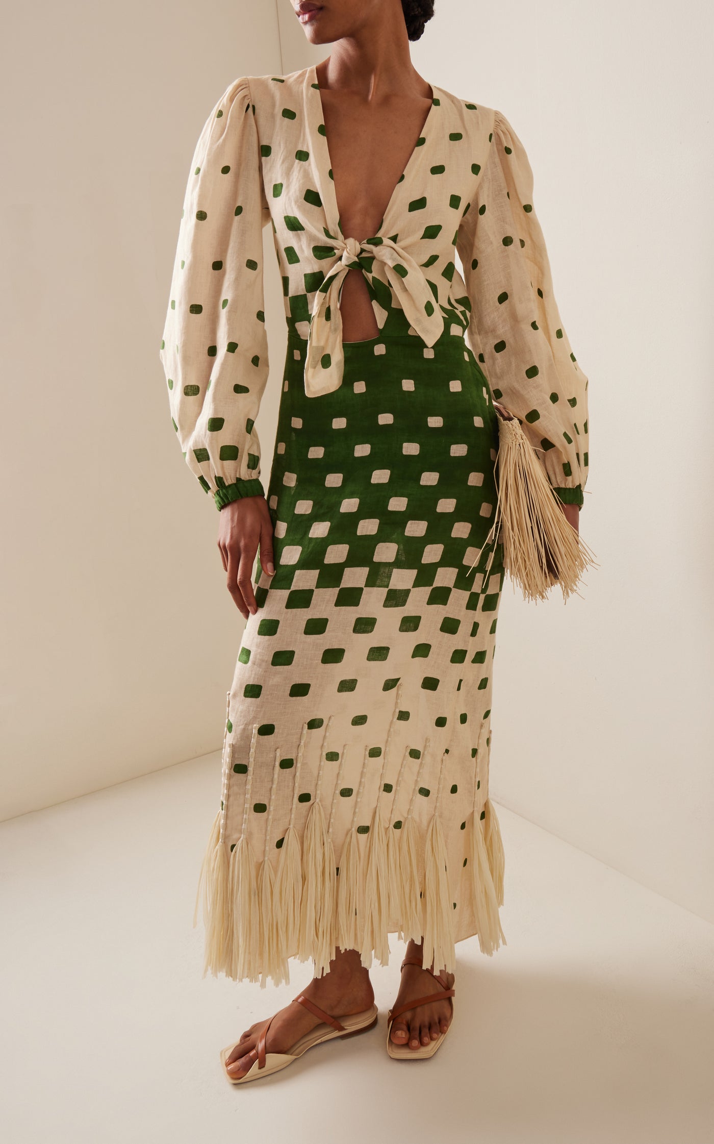 Pradera Geométrica Fringed Linen Midi Dress