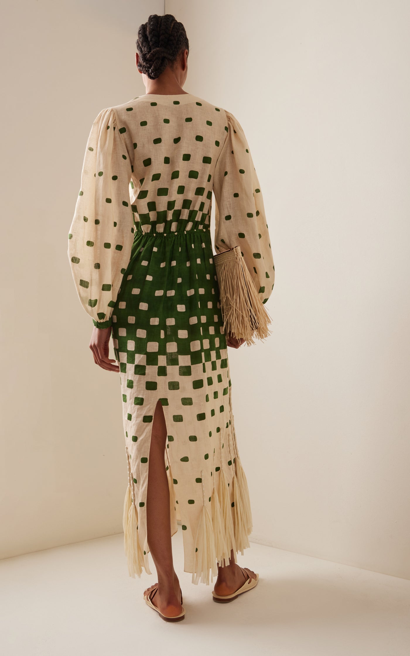 Pradera Geométrica Fringed Linen Midi Dress