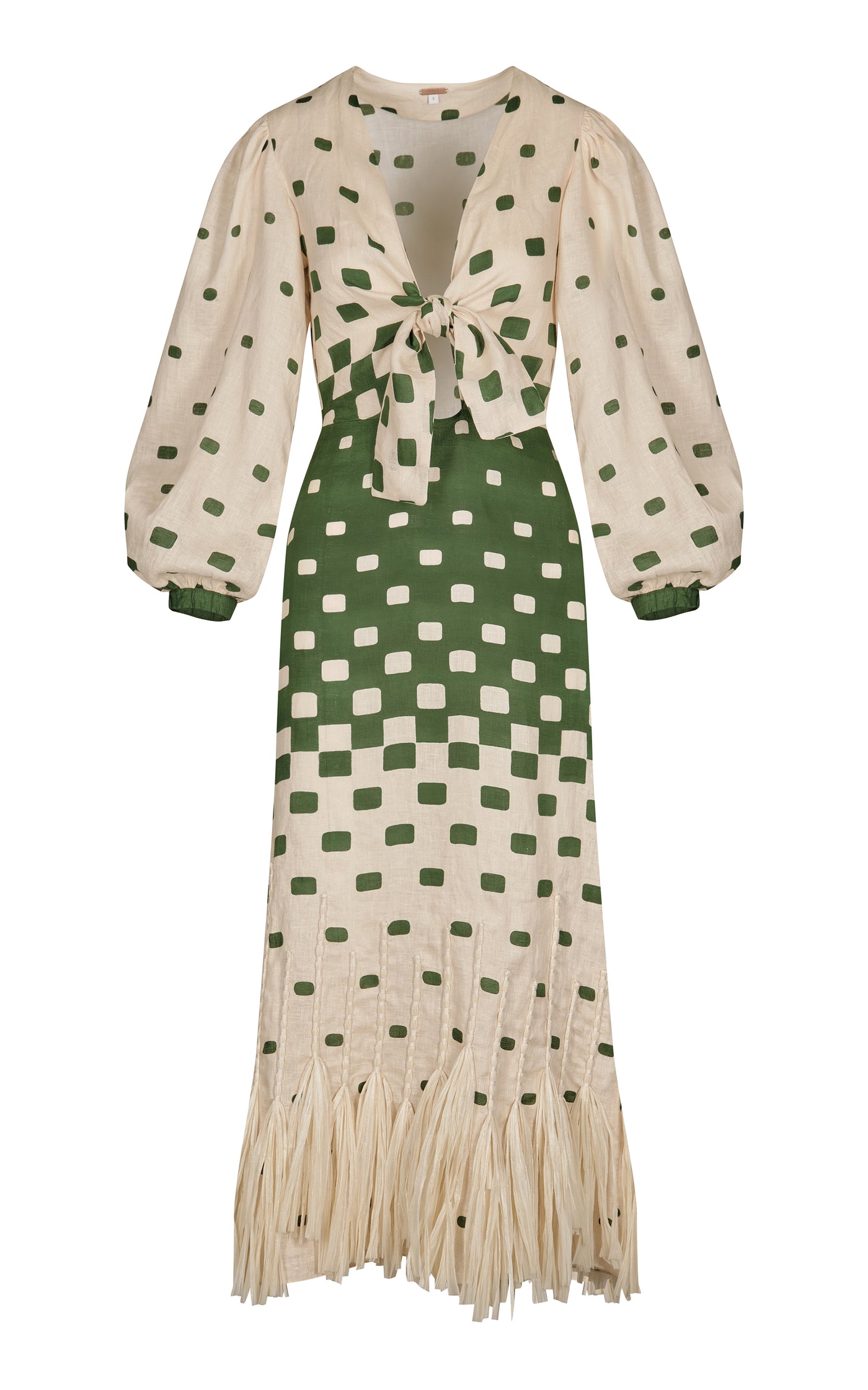 Pradera Geométrica Fringed Linen Midi Dress