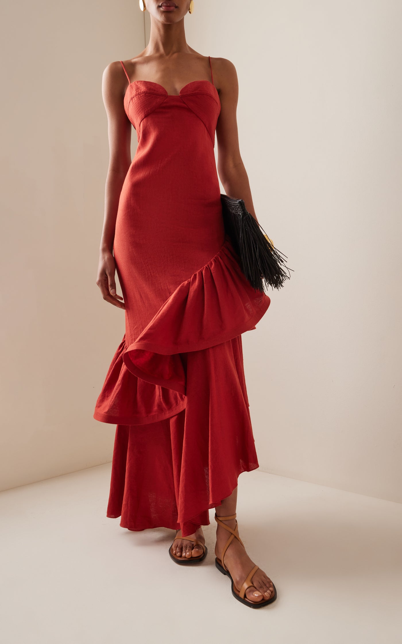 Acércate Más Ruffled Linen-Blend Midi Dress