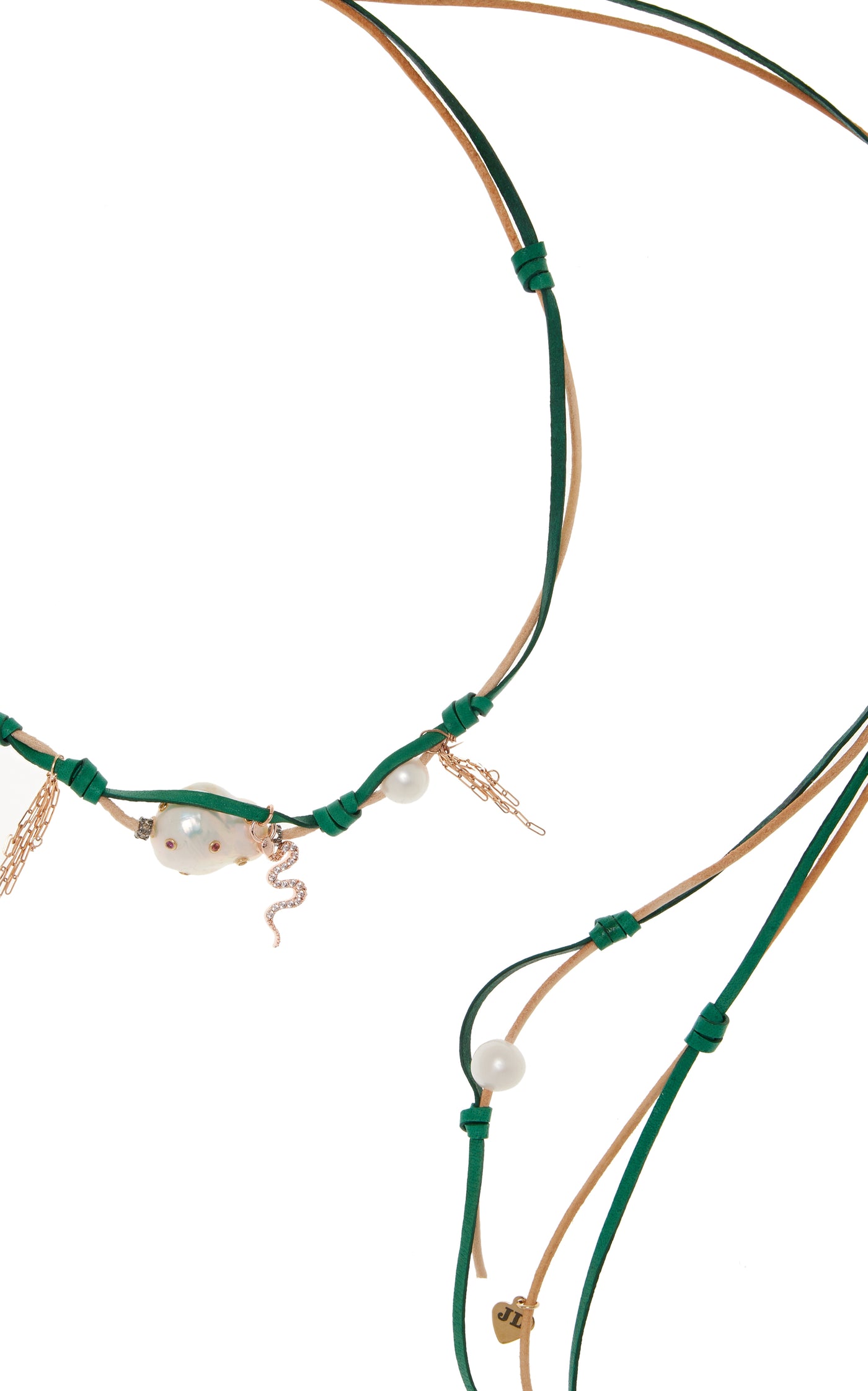 Green Goddess Knotted Leather 18K Rose Gold Pearl, Diamond Necklace