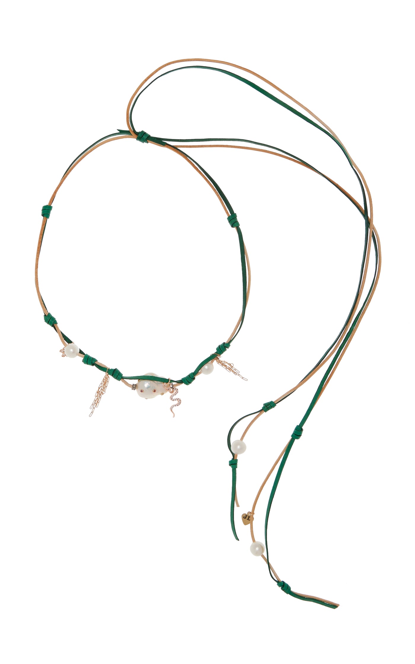 Green Goddess Knotted Leather 18K Rose Gold Pearl, Diamond Necklace