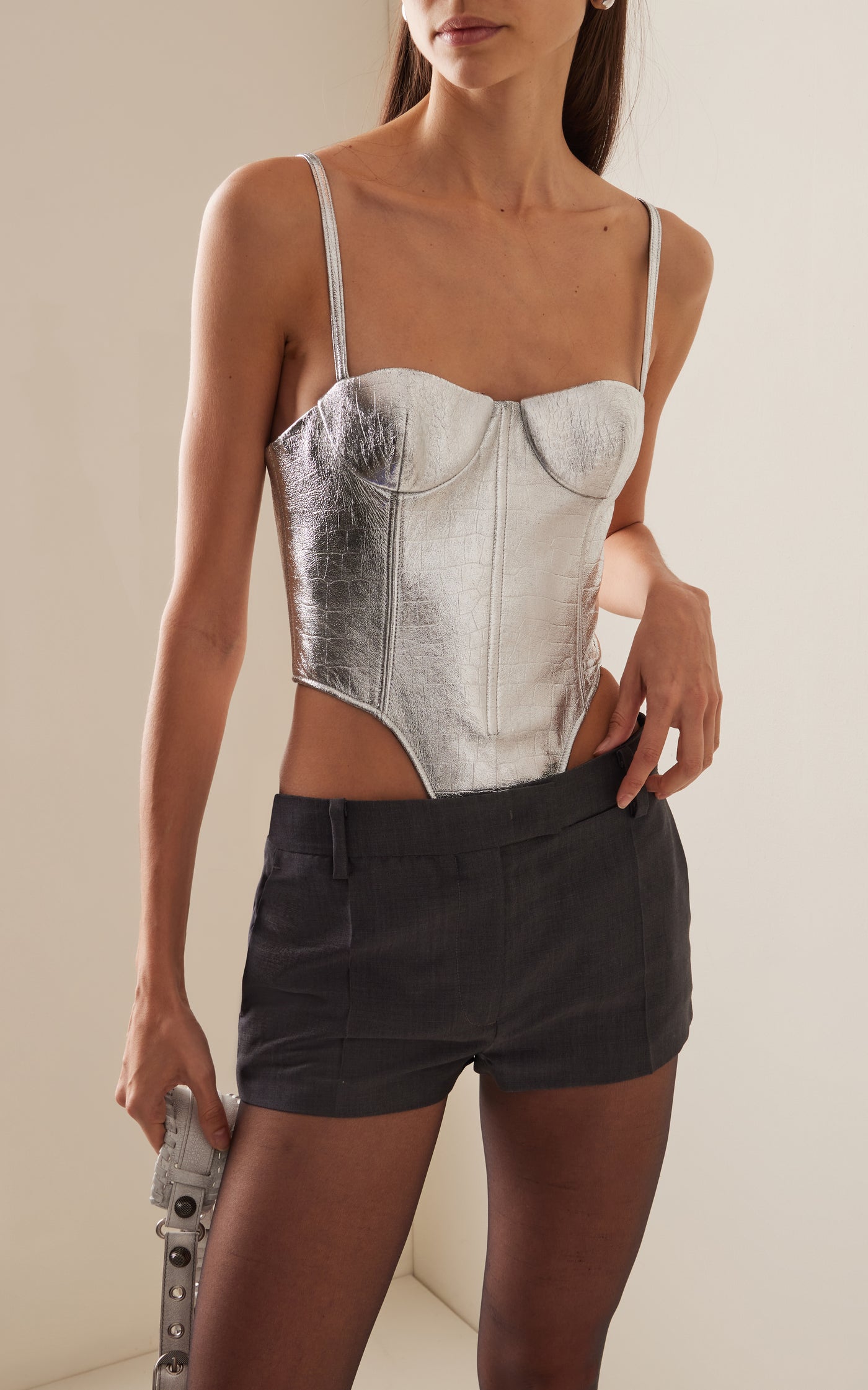 Metallic Leather Corset Bodysuit