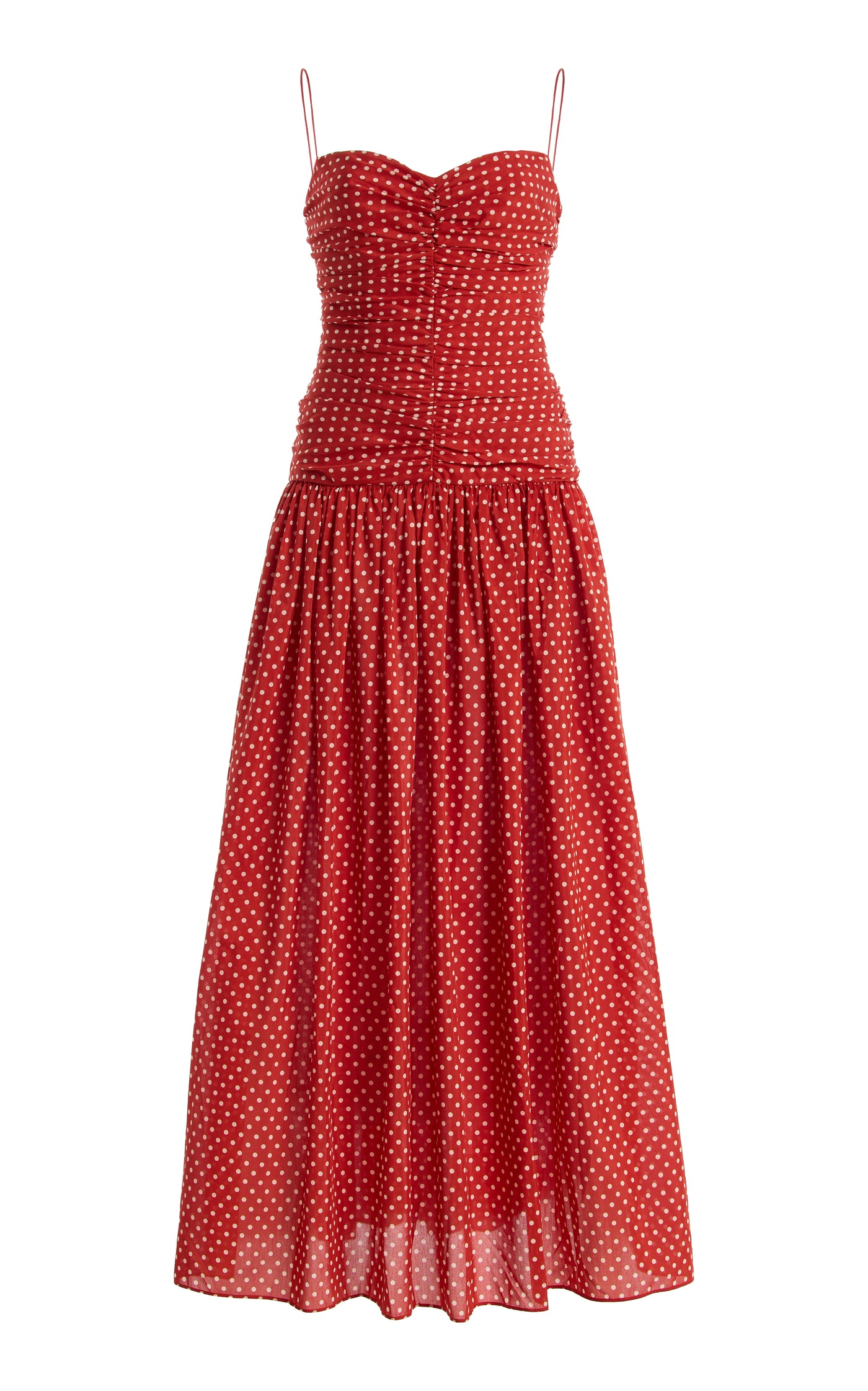 Gathered Polka-Dot Cotton-Silk Drop-Waist Midi Dress