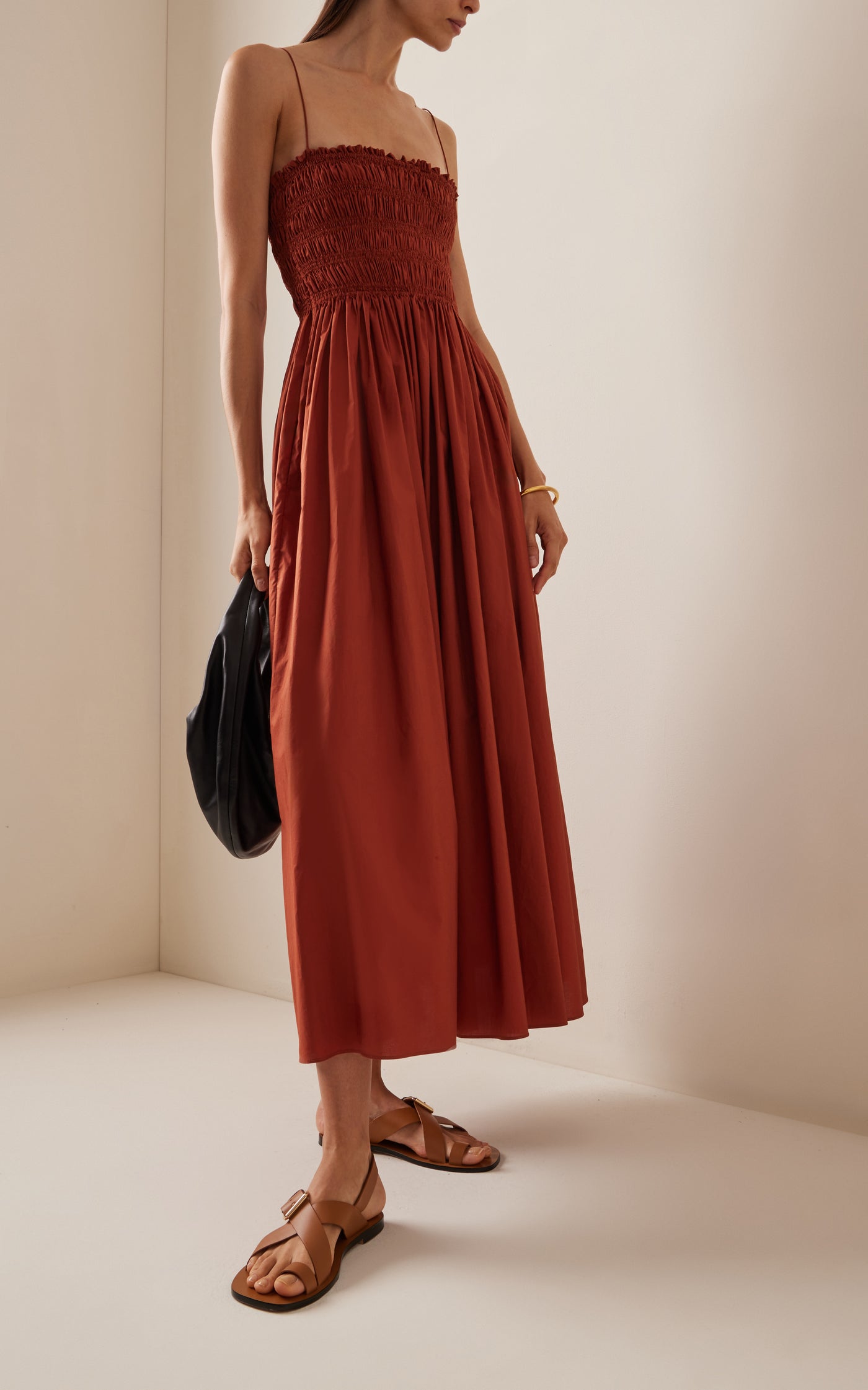 Shirred Cotton Midi Dress