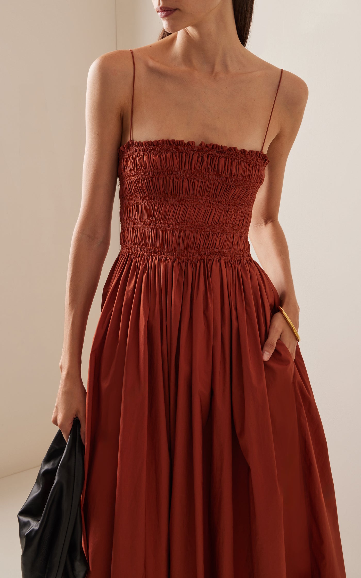 Shirred Cotton Midi Dress