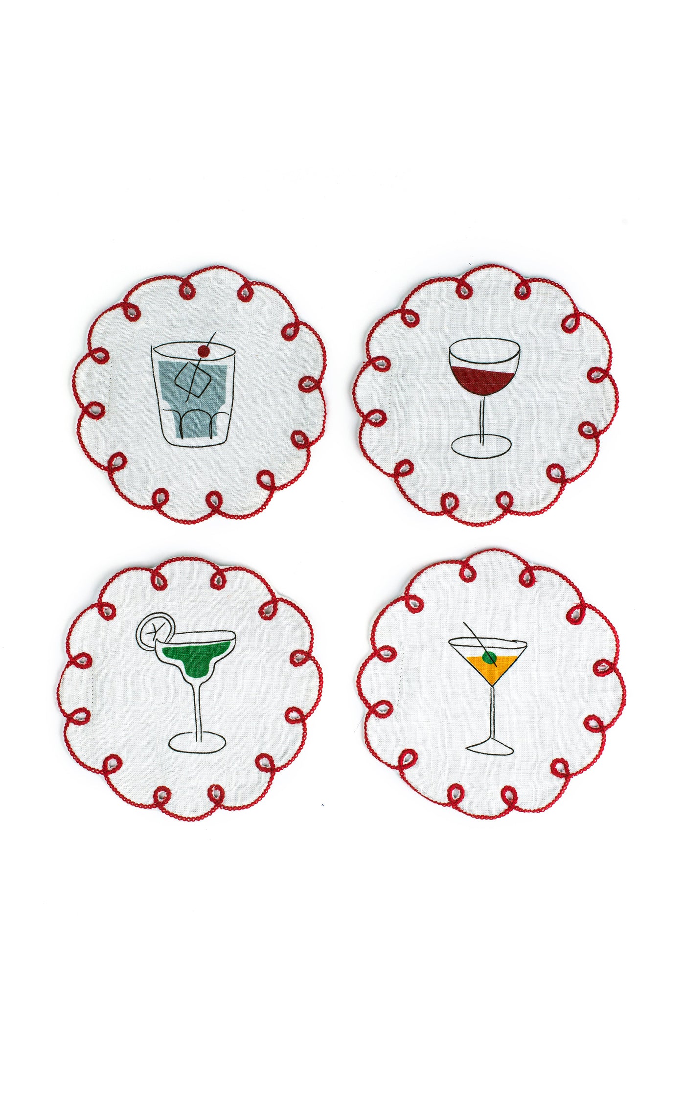 Set-of-Four Fête Embroidered Linen Coasters