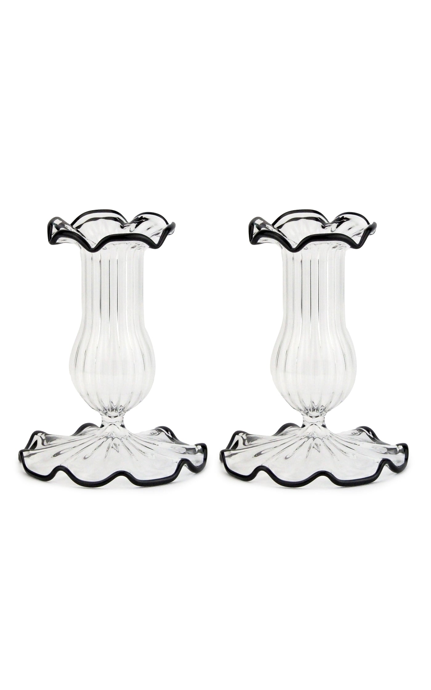 Set-Of-Two Small Scalloped Glass Candle Sticks