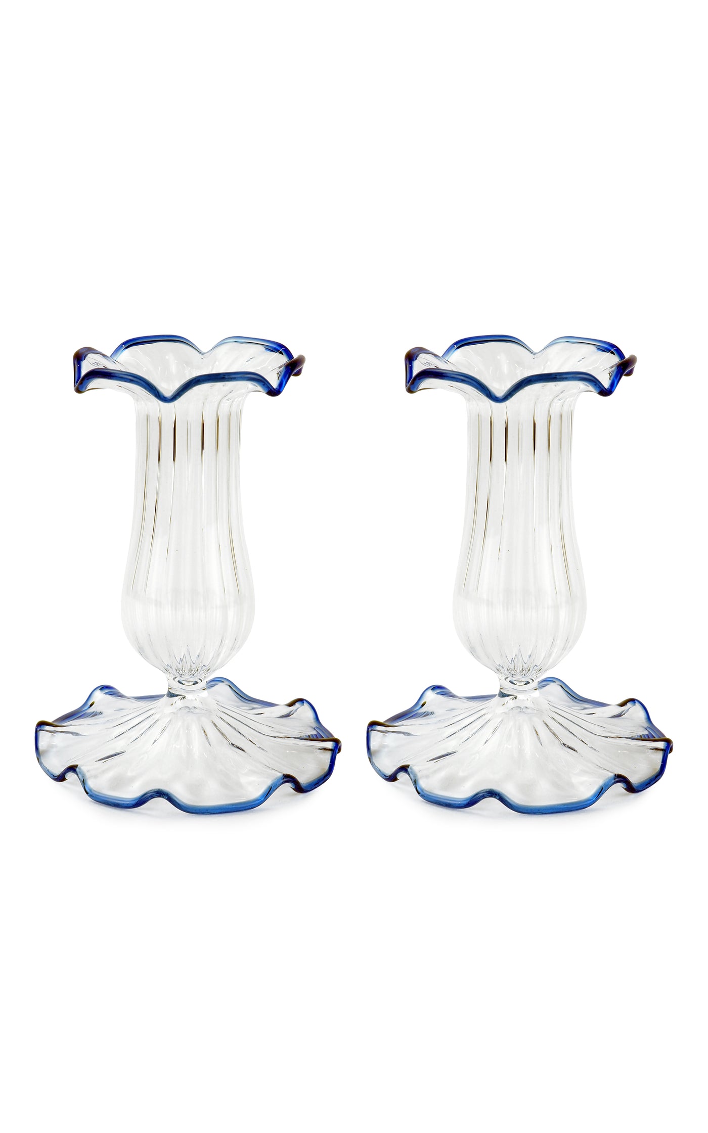 Set-Of-Two Small Scalloped Glass Candle Sticks