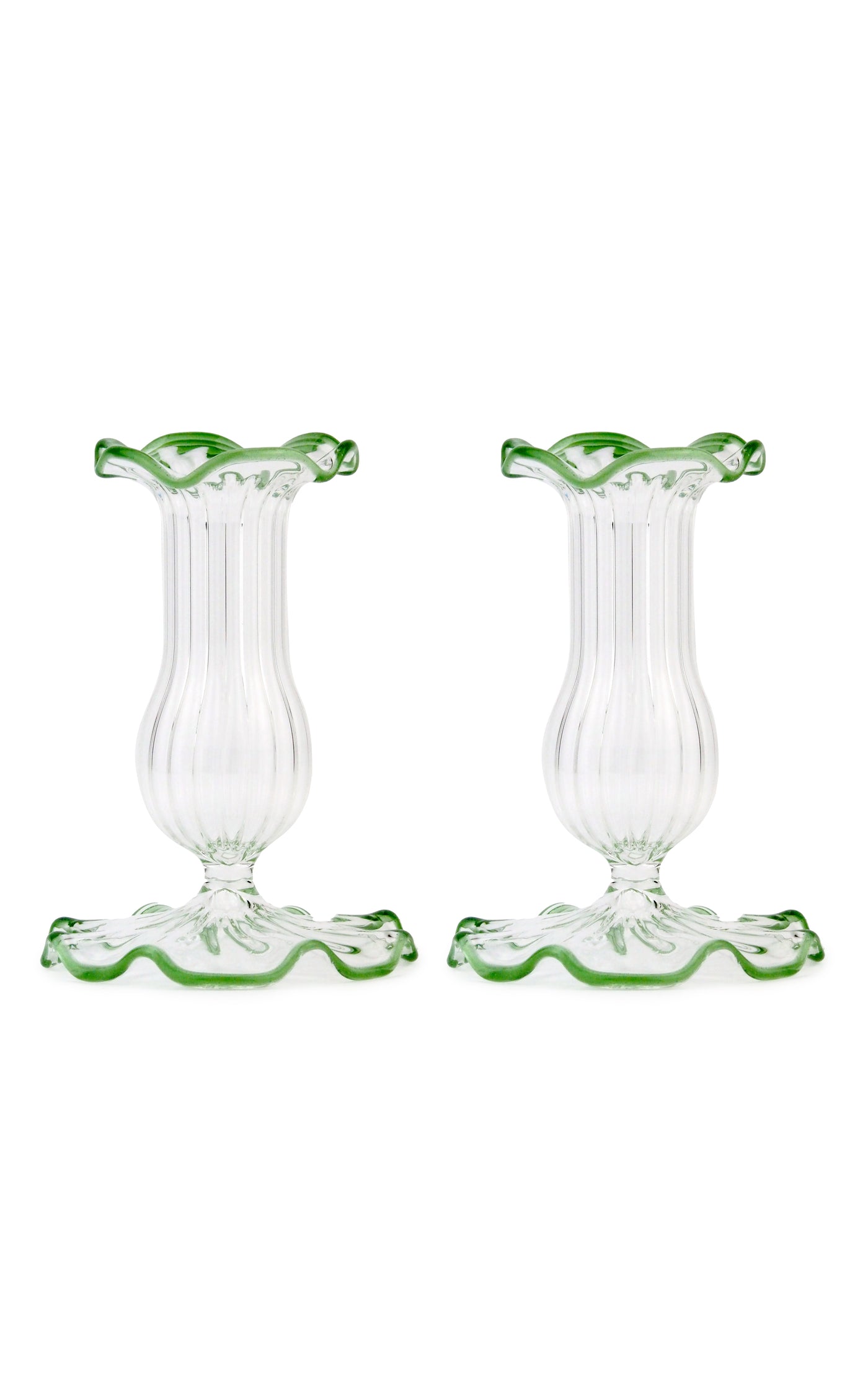 Set-Of-Two Small Scalloped Glass Candle Sticks