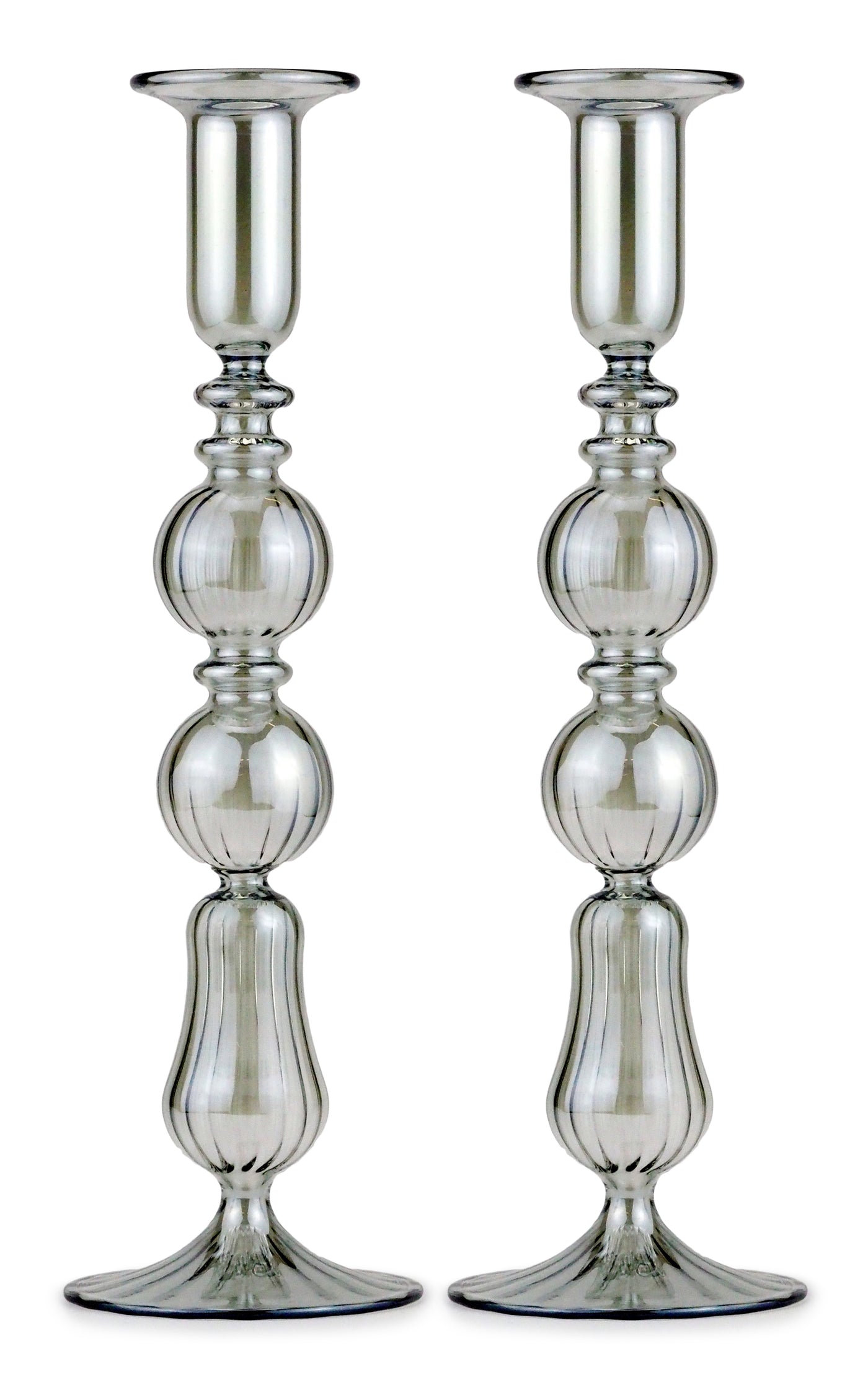 Set-Of-Two Tall Glass Candle Sticks