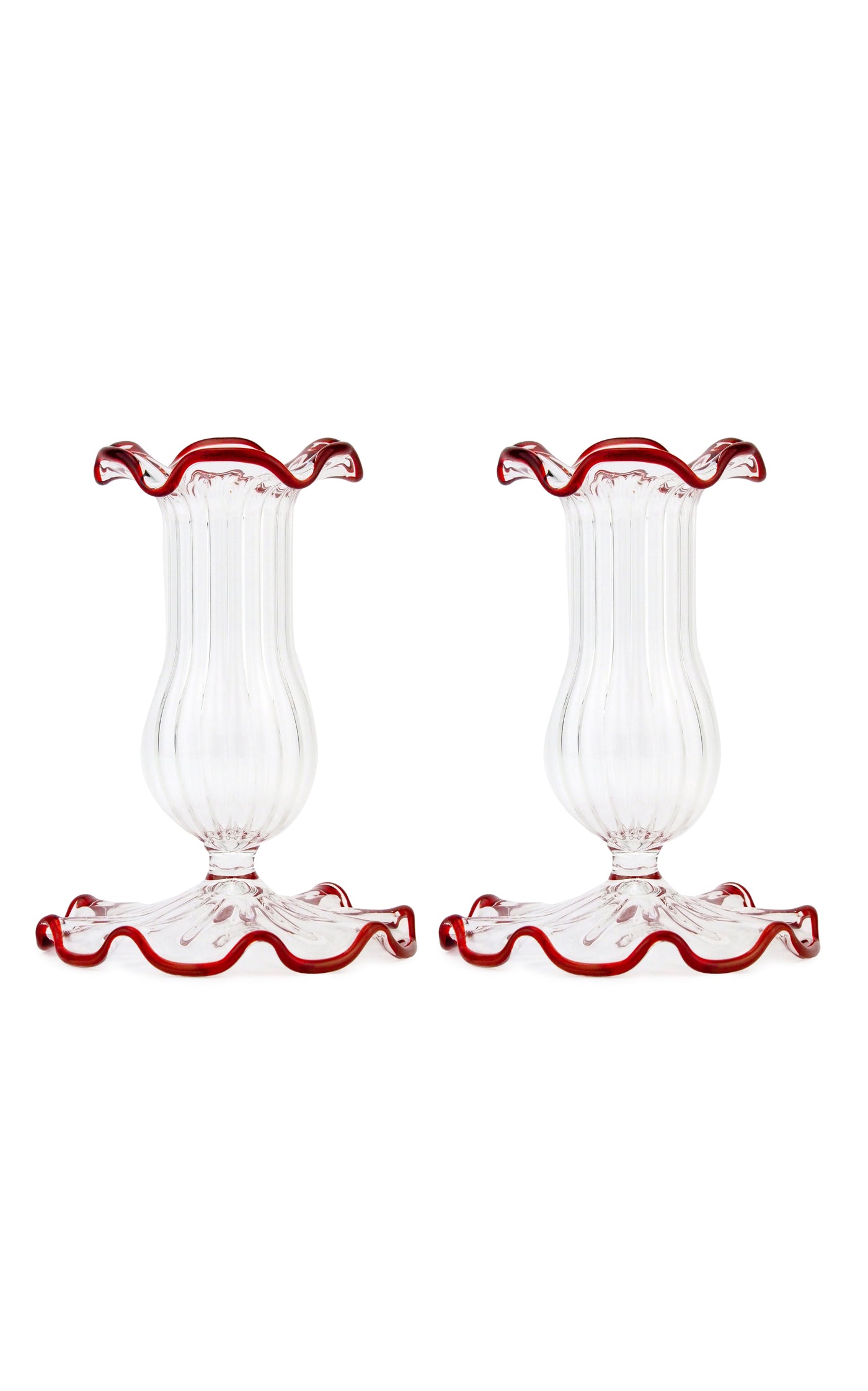 Set-Of-Two Small Scalloped Glass Candle Sticks